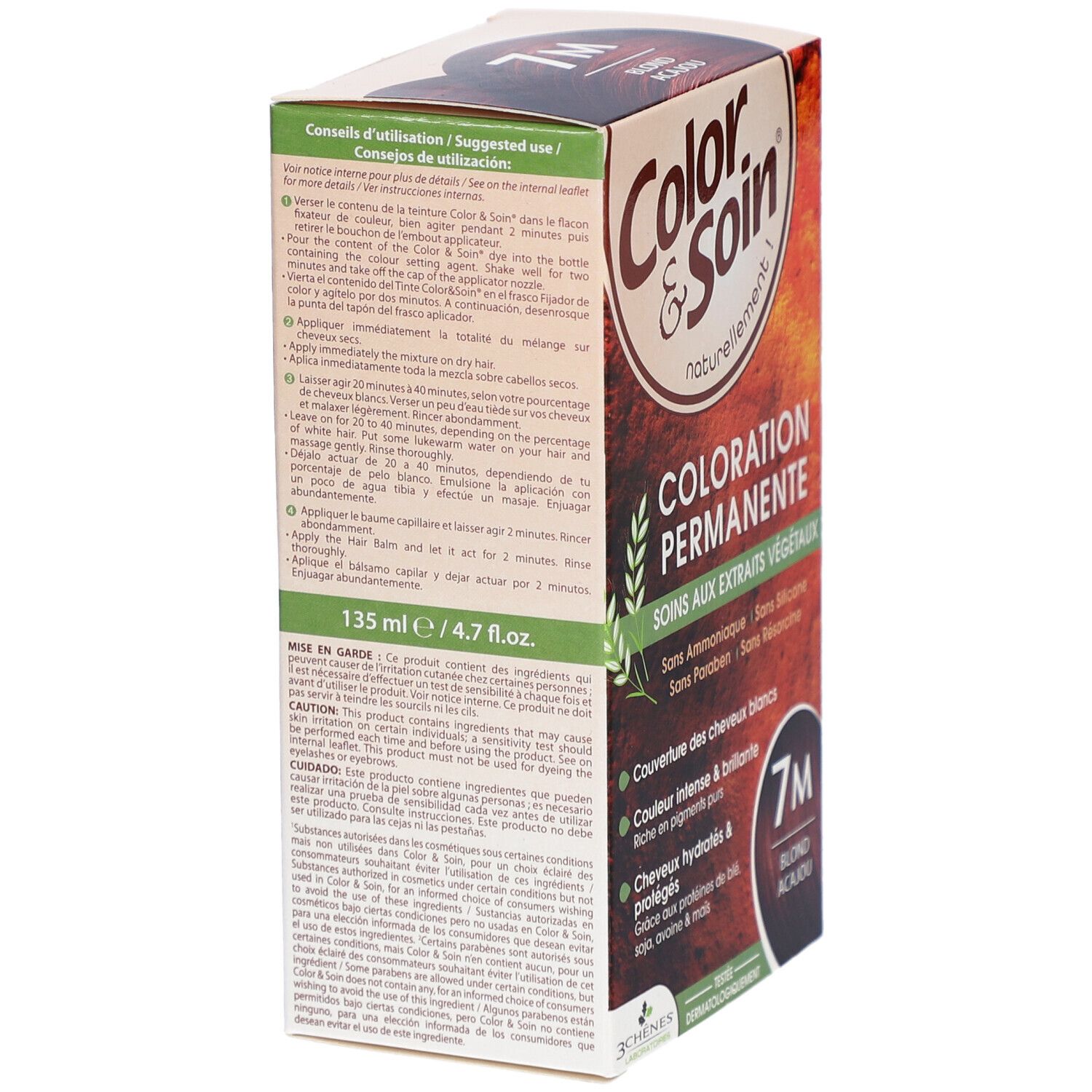 Box "Color & Soin" mit "7M Blond Acajou". Gebrauchsanweisung. Enthält pflanzliche Extrakte. 135 ml / 4.7 fl.oz.