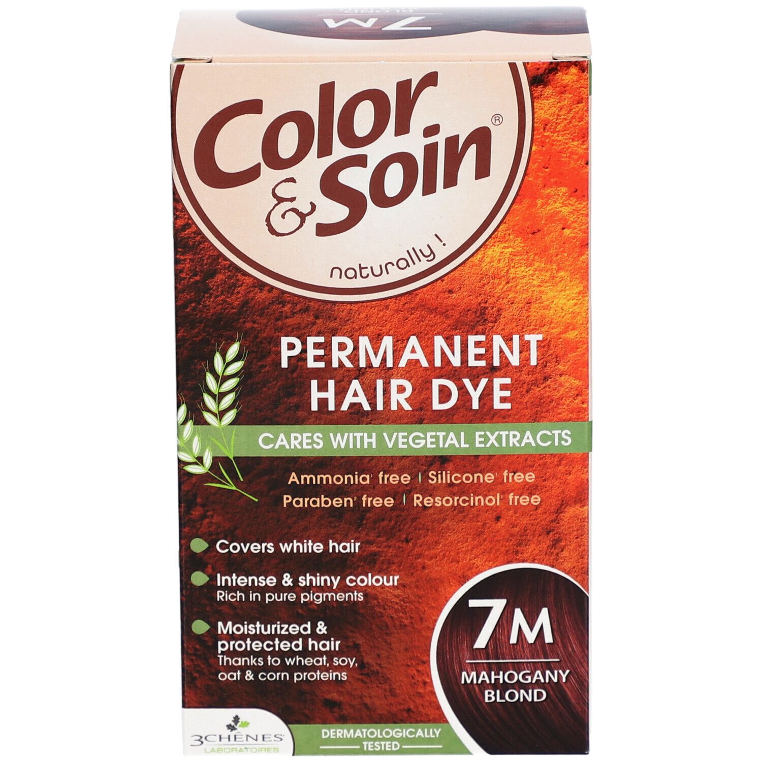 Haarfärbemittel-Box "Color & Soin" 7M Mahagoni-Blond. Enthält pflanzliche Extrakte. Deckt graue Haare ab.
