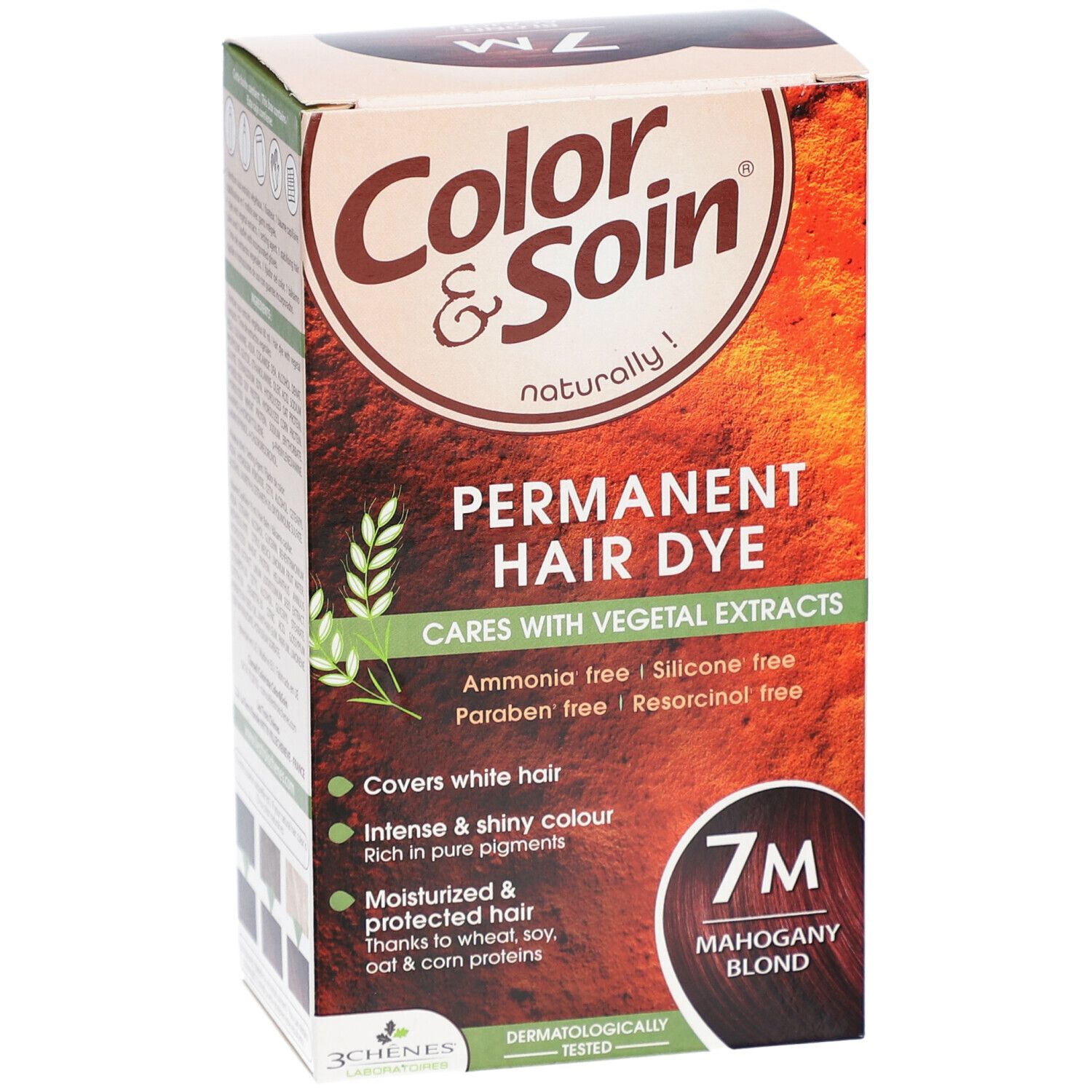 Box "Color & Soin" 7M Mahagoni-Blond. Enthält pflanzliche Extrakte. Deckt graue Haare ab. Dermatologisch getest.