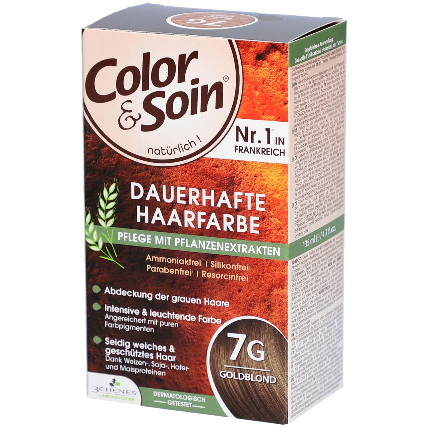 Boîte de coloration permanente 7G Blond doré. Contient des extraits végétaux. N°1 en France. Sans ammoniaque, silicone, parabène, résorcine.