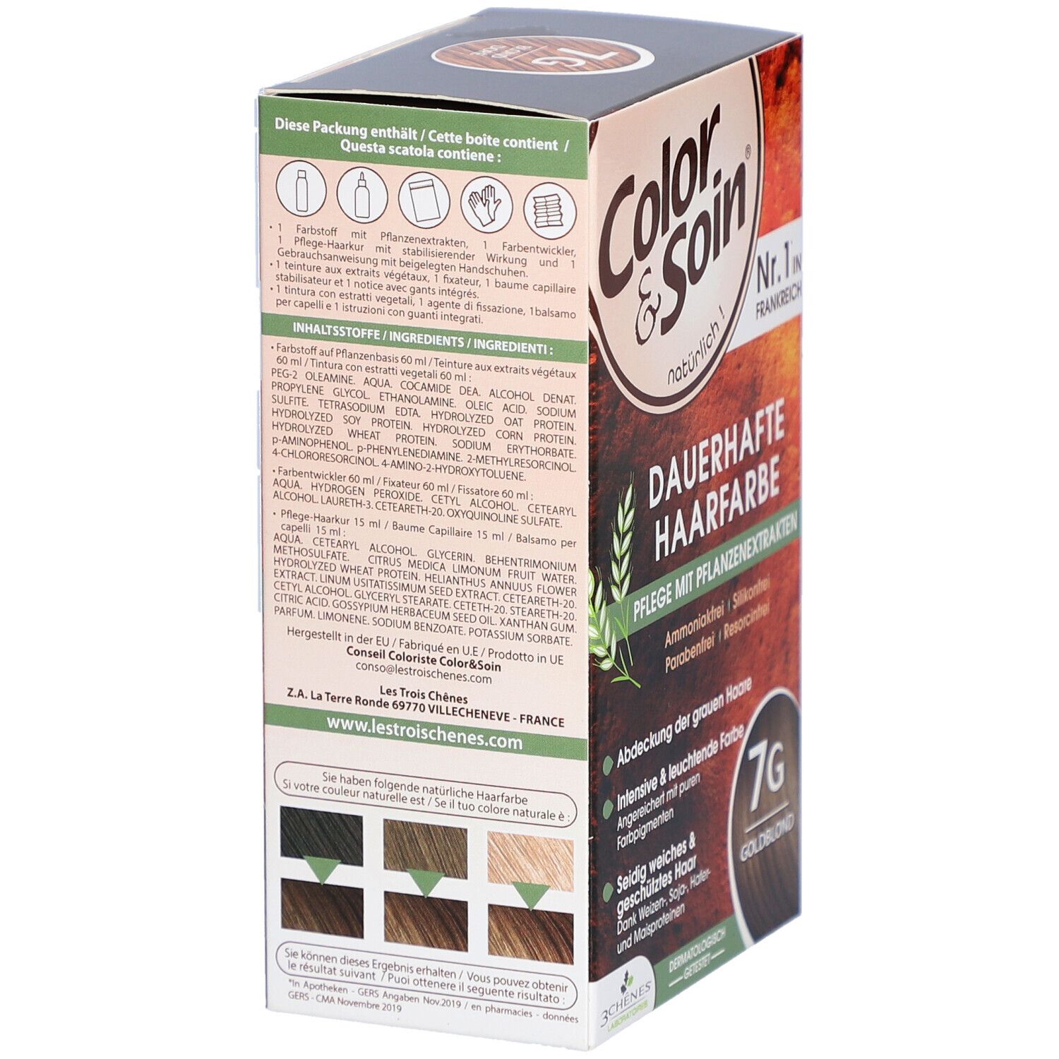 Dos de la boîte de coloration avec ingrédients et exemples de couleurs. Nom du produit et nuance 7G Blond doré.