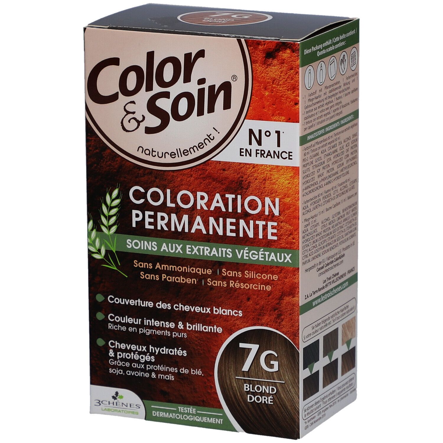 Boîte de coloration permanente 7G Blond doré. Contient des extraits végétaux. N°1 en France. Sans ammoniaque, silicone, parabène, résorcine.