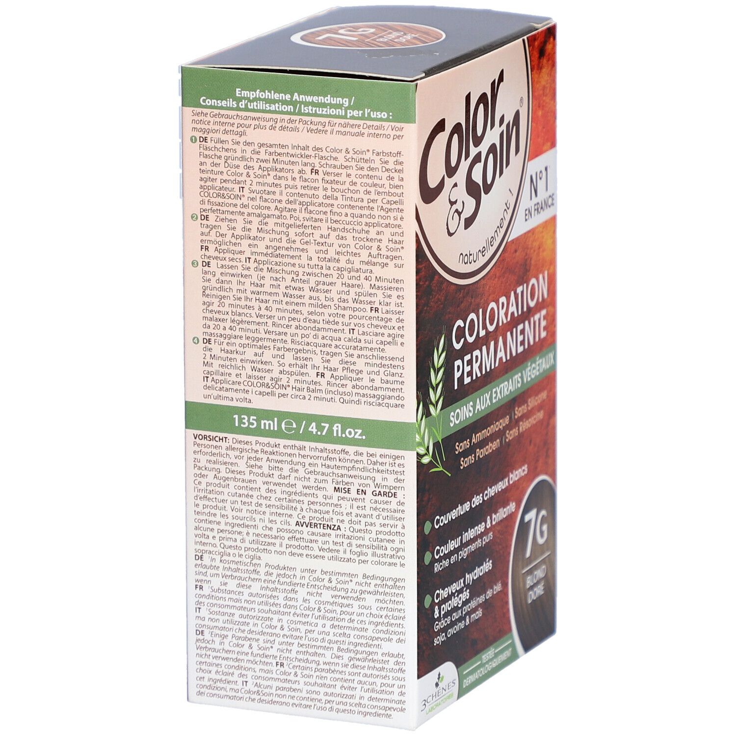 Boîte de coloration avec instructions d'utilisation et nom du produit. Nuance 7G Blond doré. Contient des extraits végétaux.