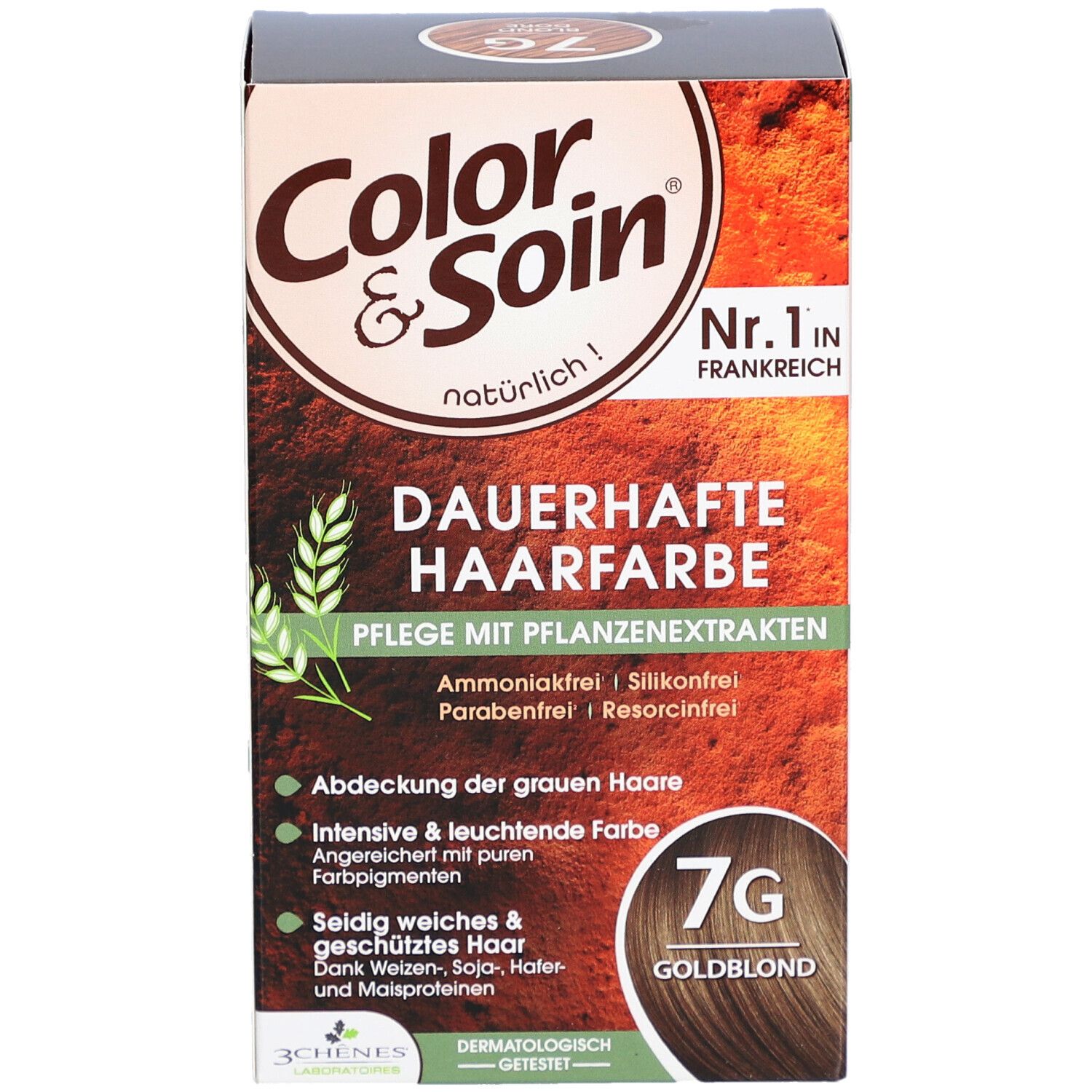 Boîte de coloration permanente 7G Blond doré. Contient des extraits végétaux. N°1 en France. Sans ammoniaque, silicone, parabène, résorcine.