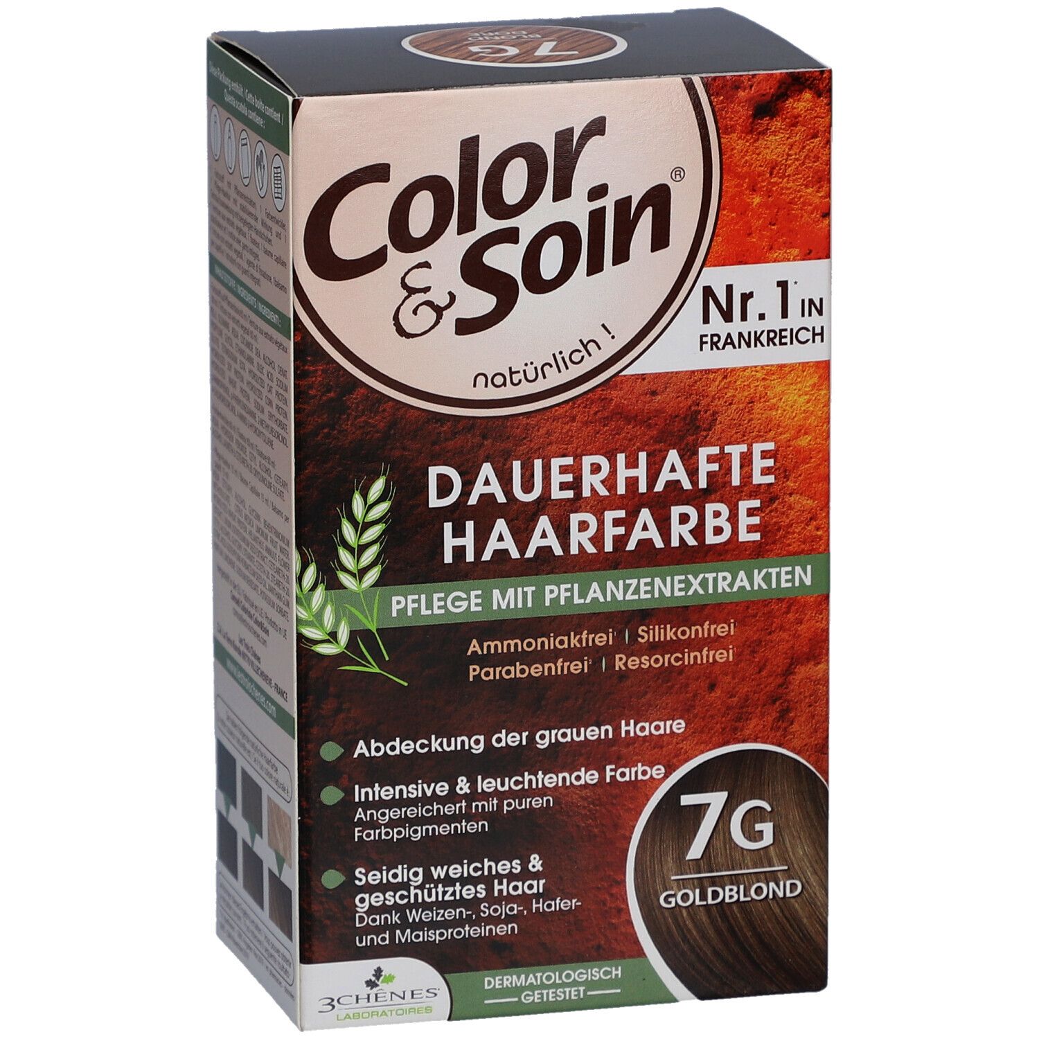 Boîte de coloration permanente 7G Blond doré. Contient des extraits végétaux. N°1 en France. Sans ammoniaque, silicone, parabène, résorcine.