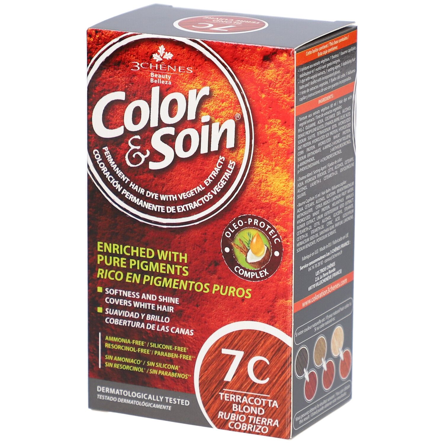 Boîte Les 3 Chênes Color & Soin 7C. Couleur blond cuivré. Inscription: Coloration permanente, extraits végétaux. Testé dermatologiquement.