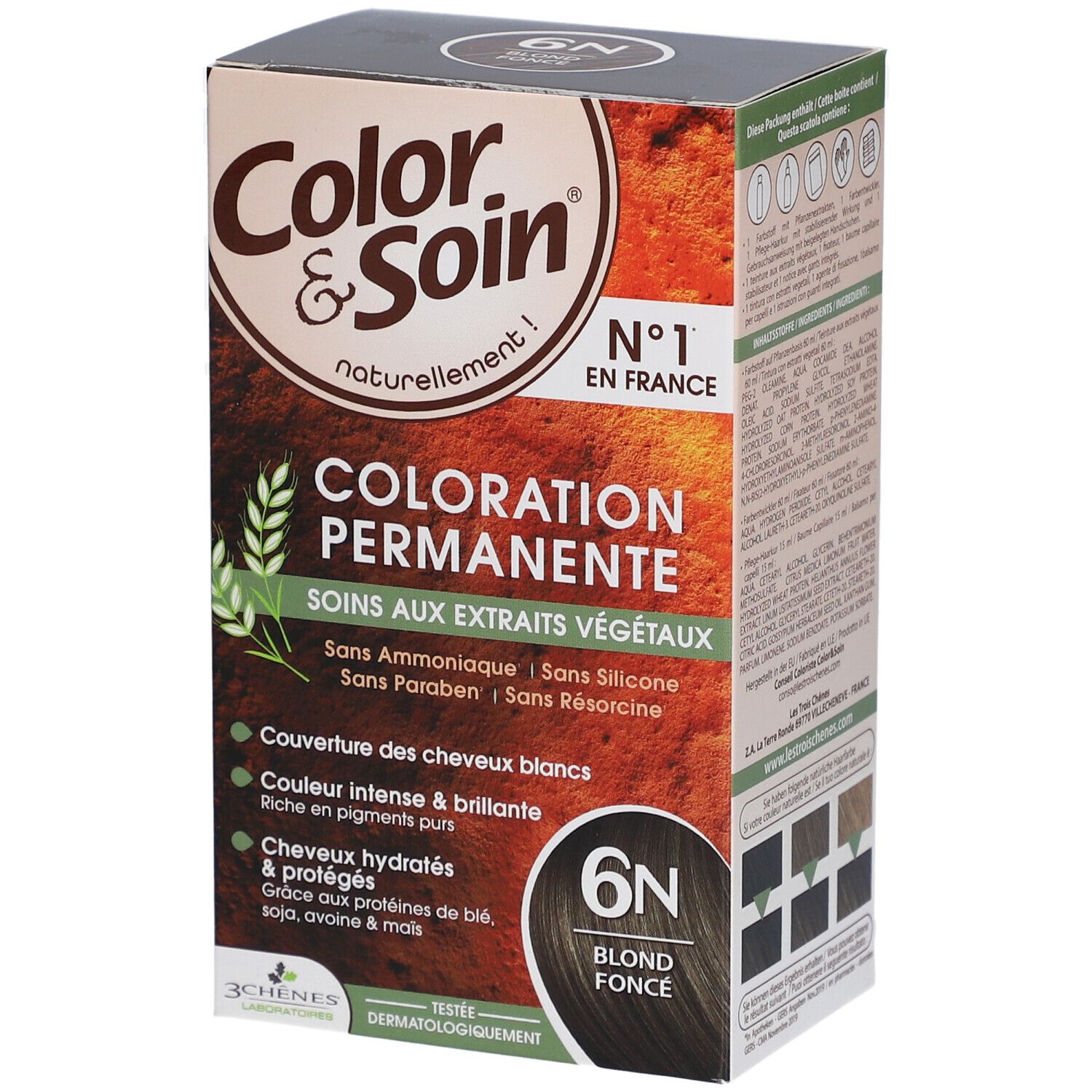 Boîte de coloration permanente 6N. Color & Soin. Texte: Soins aux extraits végétaux. Sans ammoniaque, silicone, résorcine.