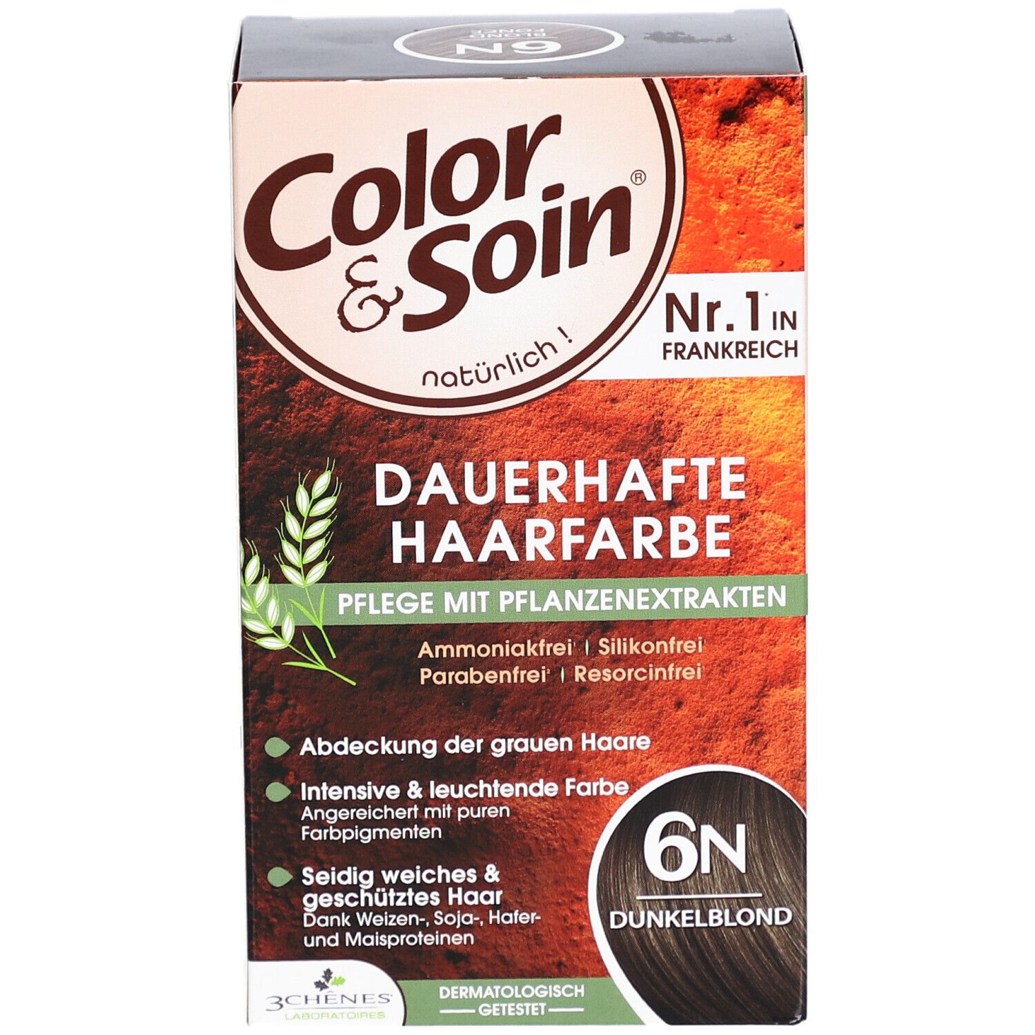 Boîte de coloration permanente 6N. Color & Soin. Texte: Soins aux extraits végétaux. N°1 en France.