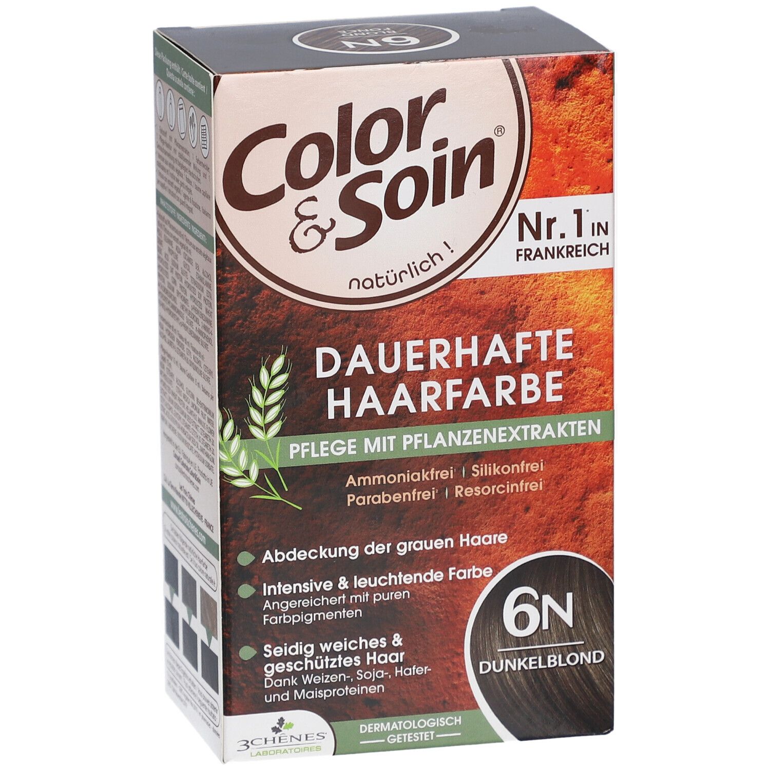 Boîte de coloration permanente 6N. Color & Soin. Texte: Soins aux extraits végétaux. N°1 en France.