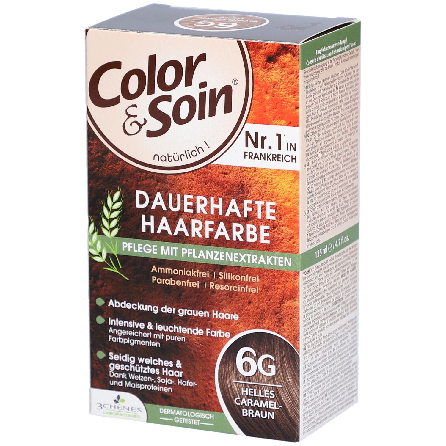 Haarfarben-Verpackung. "Color & Soin" mit "6G Helles Caramelbraun". Text: "Dauerhafte Haarfarbe".
