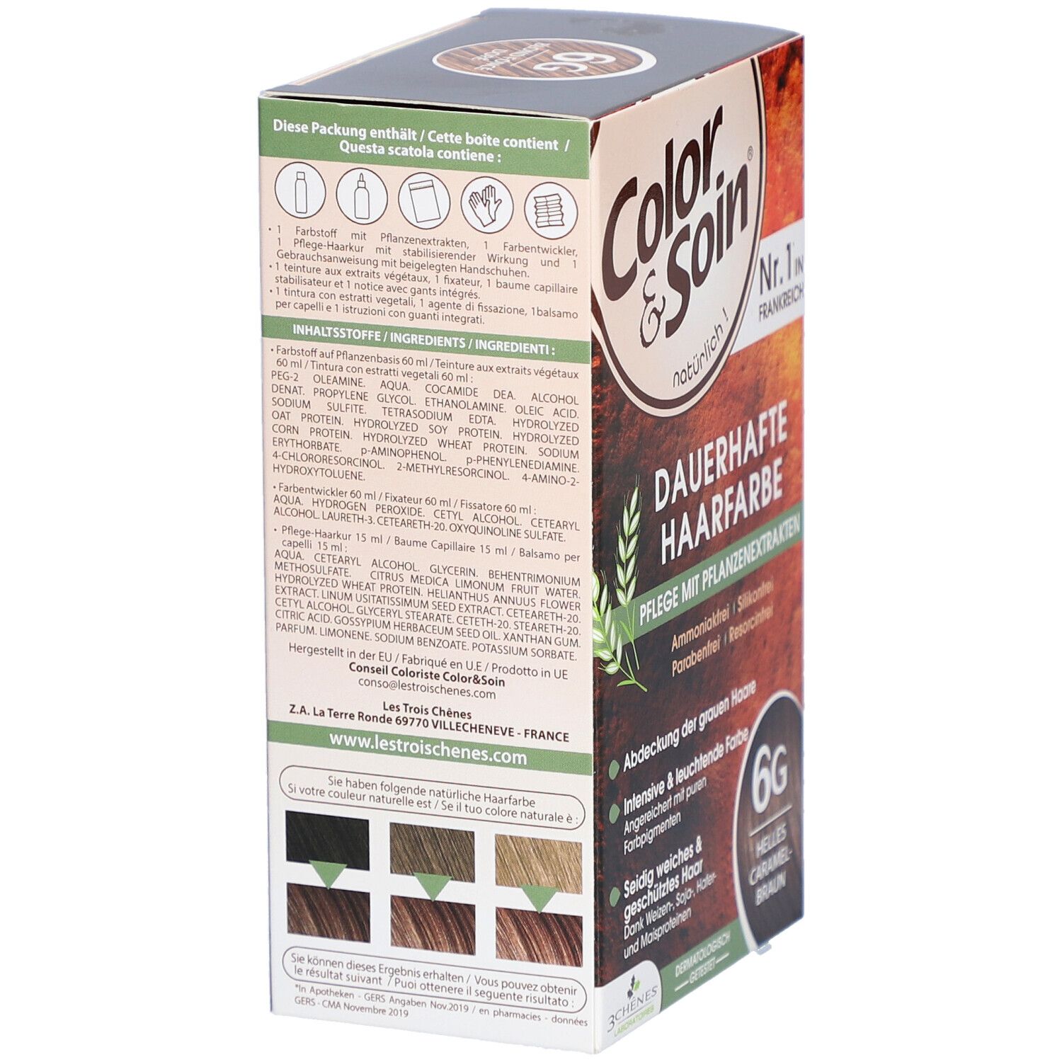 Rückseite der Haarfarben-Verpackung "Color & Soin". Enthält Inhaltsstoffe und Farbbeispiele. "6G Helles Caramelbraun".
