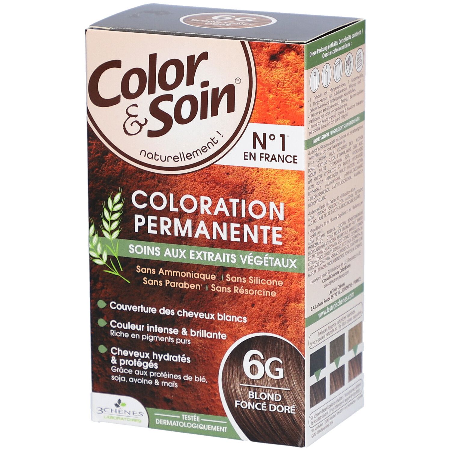 Haarfarben-Verpackung "Color & Soin". "Coloration Permanente" mit "6G Blond Foncé Doré".