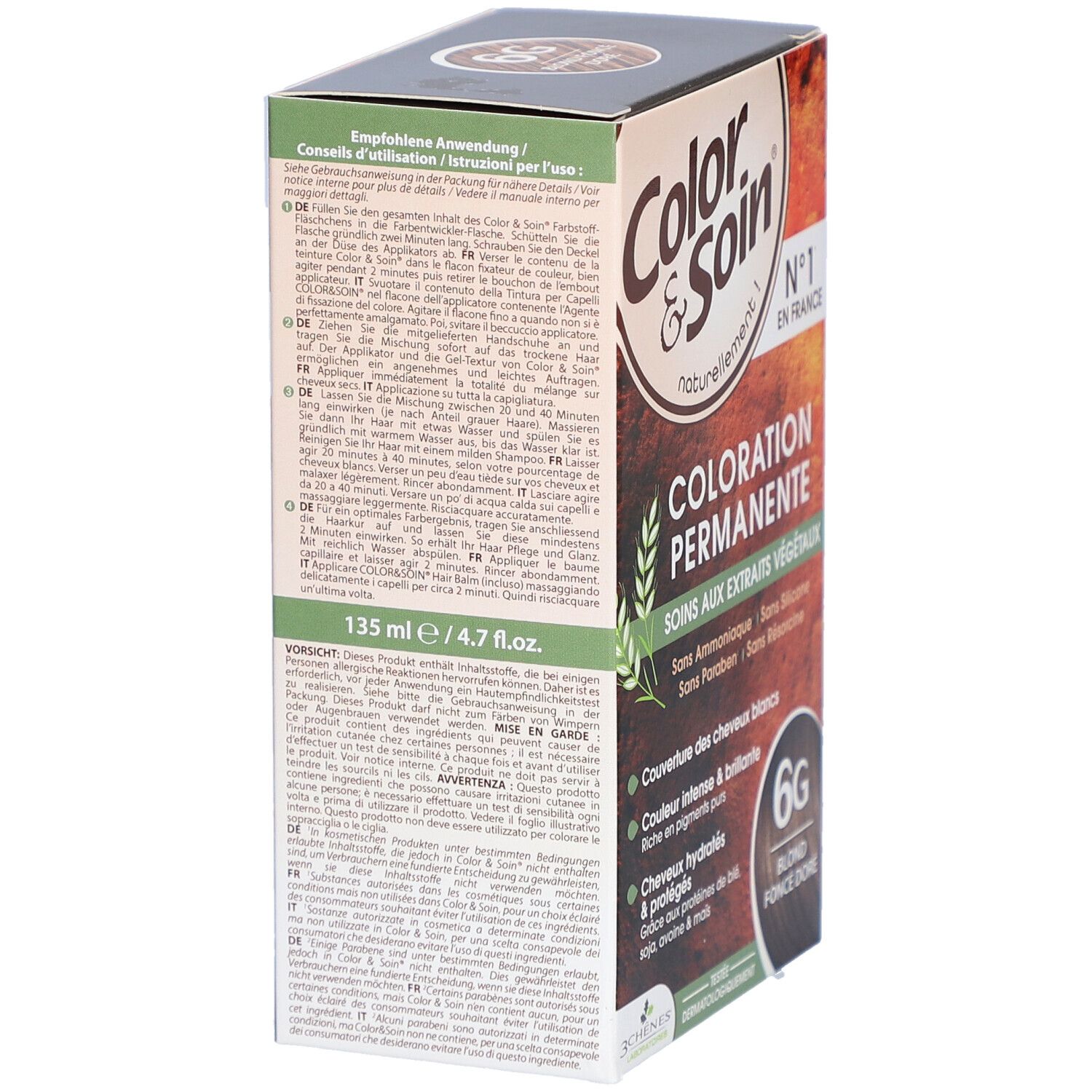 Seite der Haarfarben-Verpackung "Color & Soin". Enthält Anwendungshinweise. "6G Blond Foncé Doré".