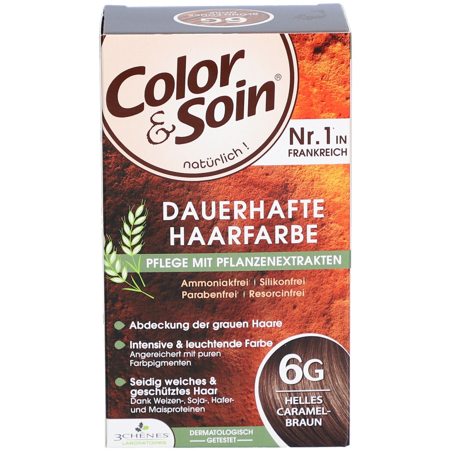 Haarfarben-Verpackung "Color & Soin" mit "6G Helles Caramelbraun". Text: "Dauerhafte Haarfarbe".