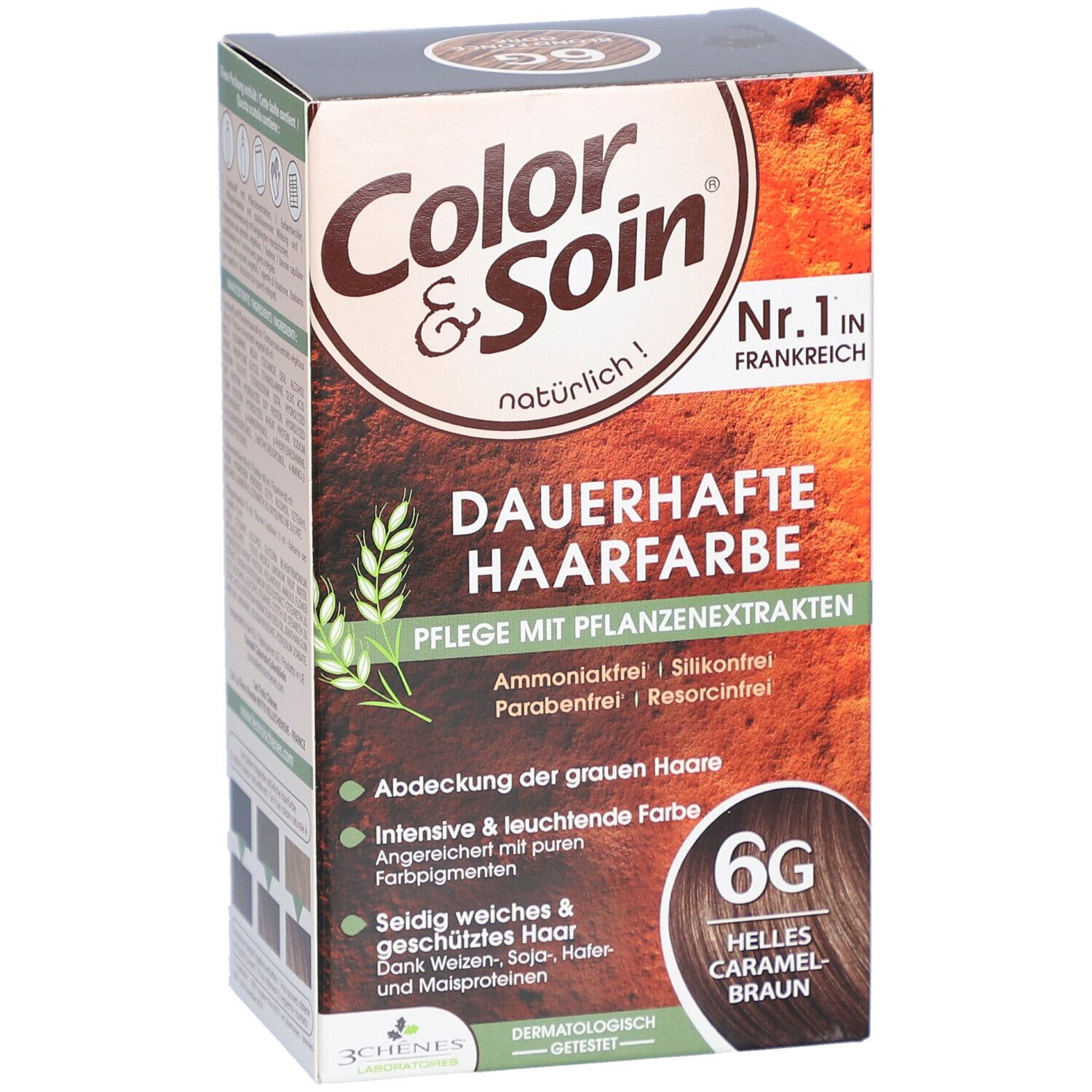 Haarfarben-Verpackung "Color & Soin" mit "6G Helles Caramelbraun". Text: "Dauerhafte Haarfarbe".