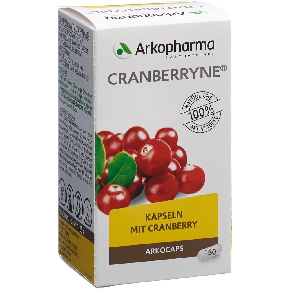 Karton mit Arkopharma Cranberryne Kapseln. Aufdruck: Cranberryne, Kapseln mit Cranberry, 150 Kapseln.