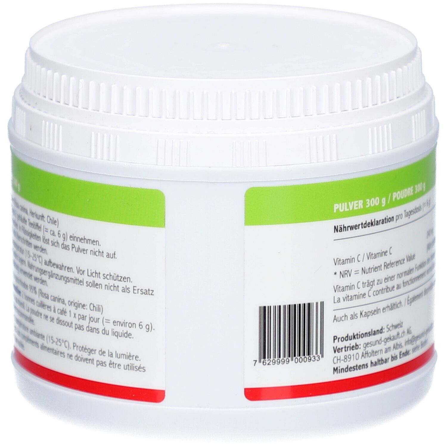 Dos de la boîte. Étiquette avec informations nutritionnelles, code-barres et informations du fabricant. Texte en allemand et français.