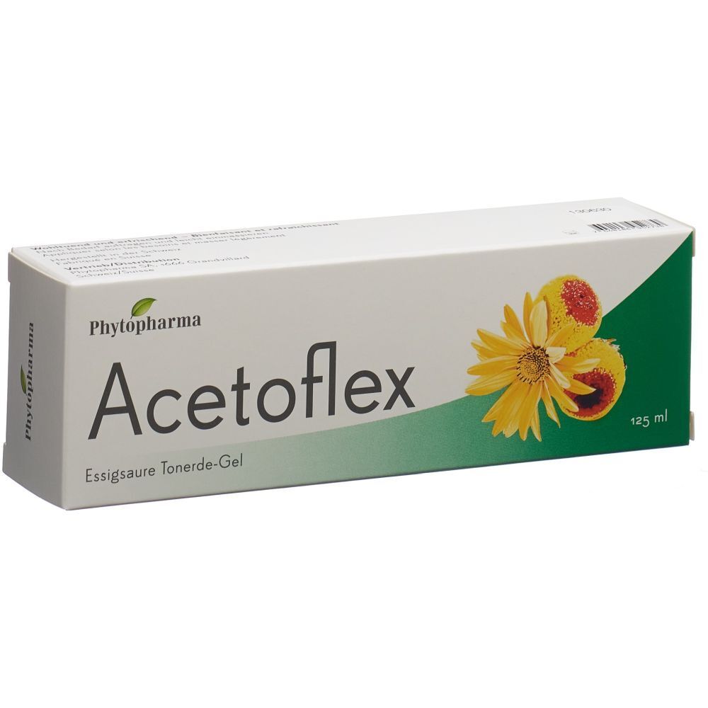 Witte doos met groene accenten. Opschrift: Acetoflex, Essigsaure Tonerde-Gel. Logo: Phytopharma. Afbeelding van een bloem.