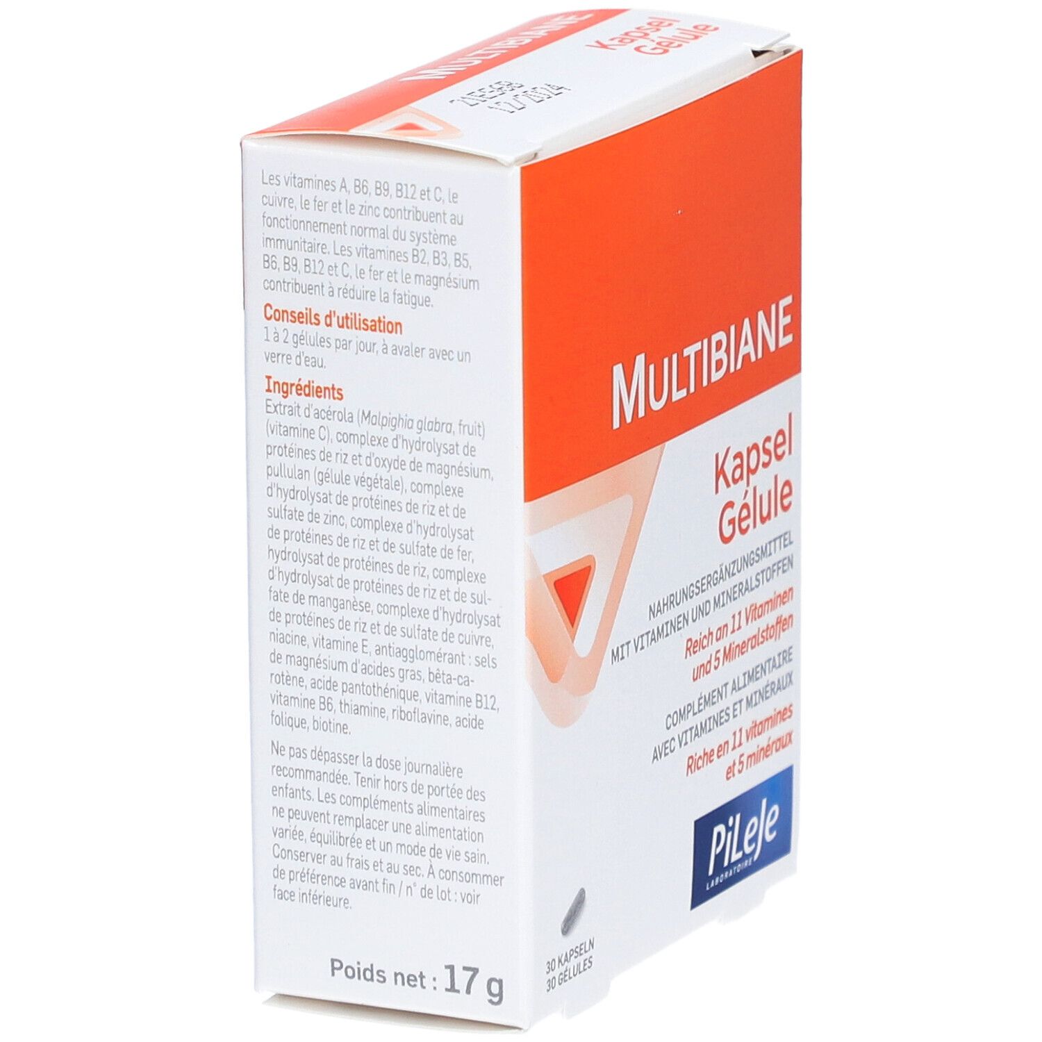 Boîte Multibiane, orange et blanche. Nom du produit et désignation des gélules. Texte sur les ingrédients et l'utilisation. Marque : Pileje.