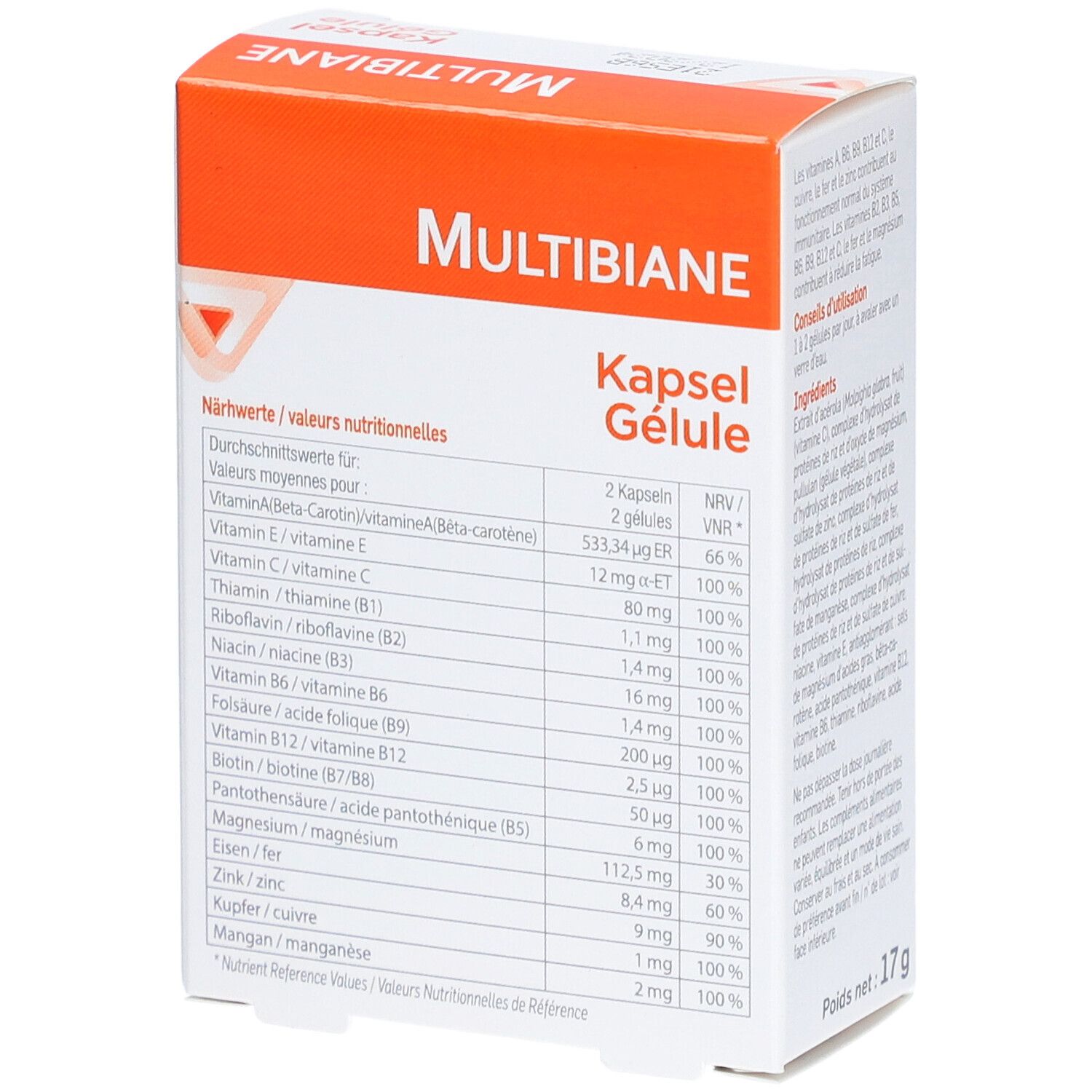 Boîte Multibiane, orange et blanche. Tableau nutritionnel avec vitamines et minéraux. Marque : Pileje.