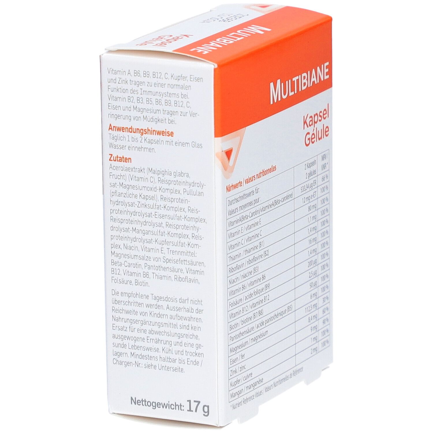 Boîte Multibiane, orange et blanche. Informations nutritionnelles et liste des ingrédients. Marque : Pileje.
