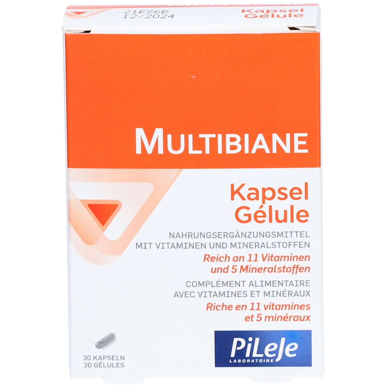 Boîte Multibiane, orange et blanche. Nom du produit et désignation des gélules. Contient 30 gélules. Marque : Pileje. Date de péremption.