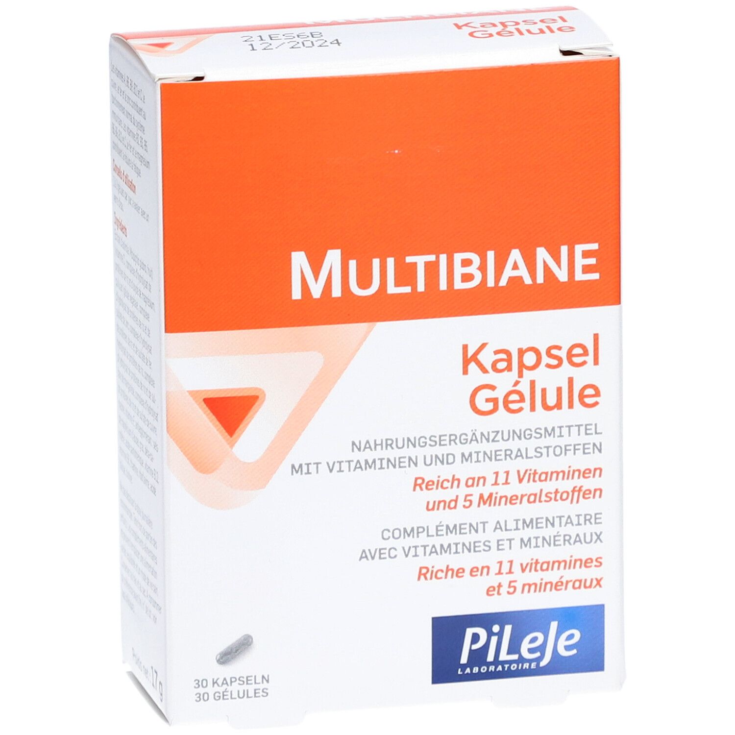 Boîte Multibiane, orange et blanche. Nom du produit et désignation des gélules. Contient 30 gélules. Marque : Pileje. Date de péremption.