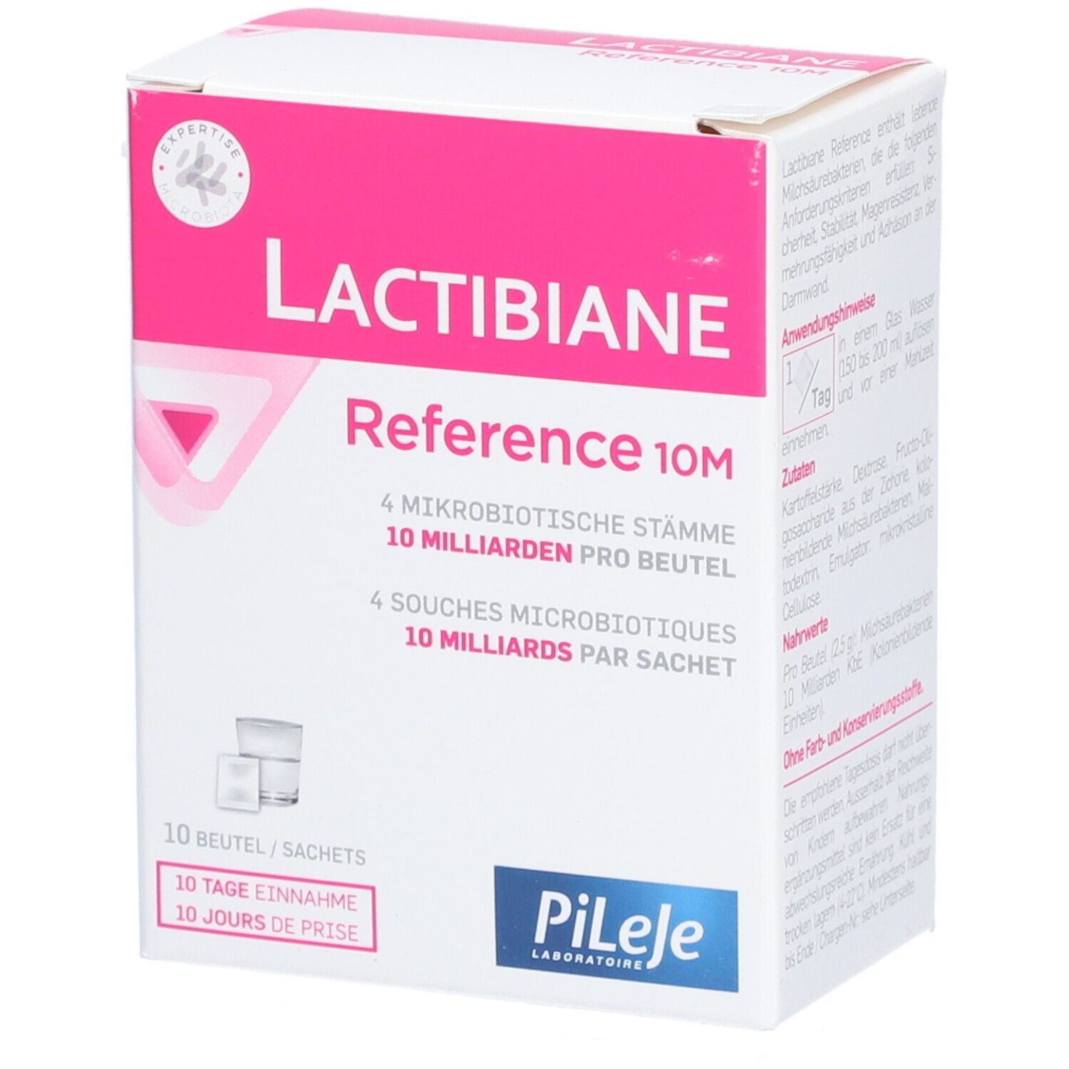 Boîte "LACTIBIANE Reference 10M". 10 sachets. 4 souches microbiotiques, 10 milliards par sachet. Marque Pileje.