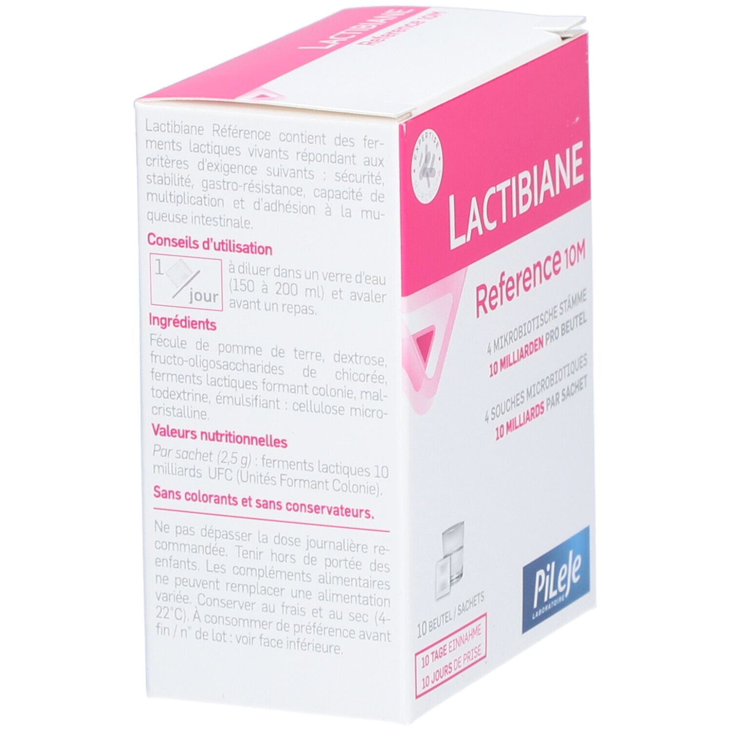 Boîte "LACTIBIANE Reference 10M". Ingrédients et valeurs nutritionnelles. Marque Pileje. Vue en angle.