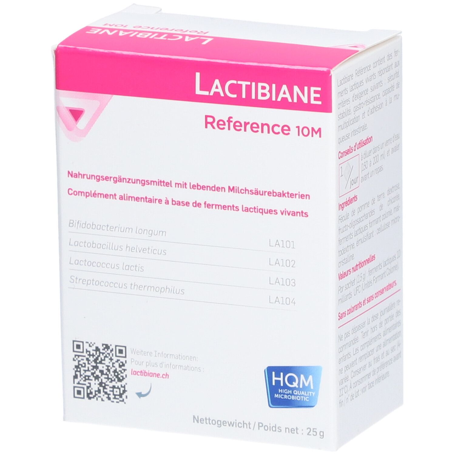 Boîte "LACTIBIANE Reference 10M". Ingrédients: bactéries lactiques vivantes. Label HQM. Marque Pileje.
