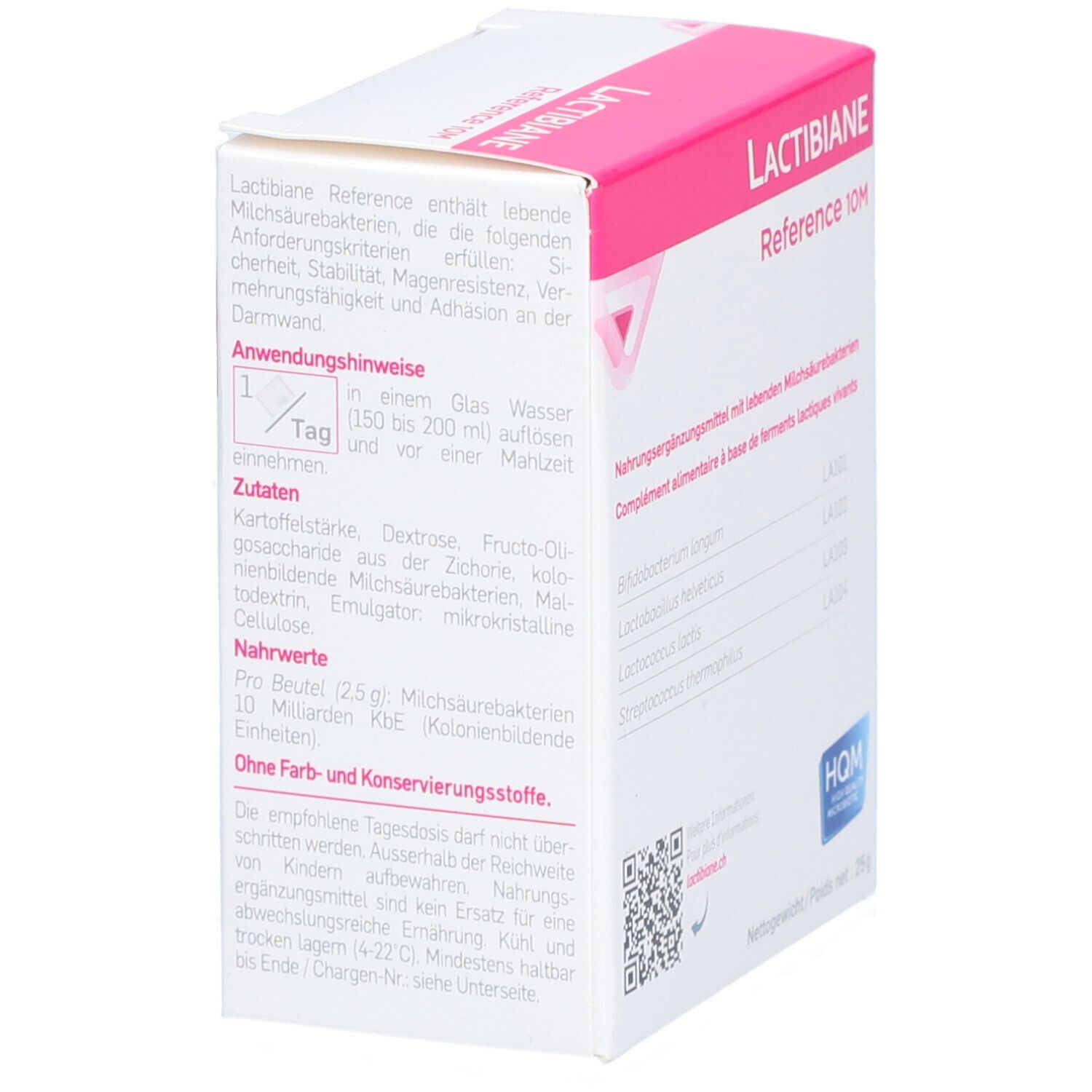 Boîte "LACTIBIANE Reference 10M". Ingrédients et conseils d'utilisation. Label HQM. Marque Pileje.