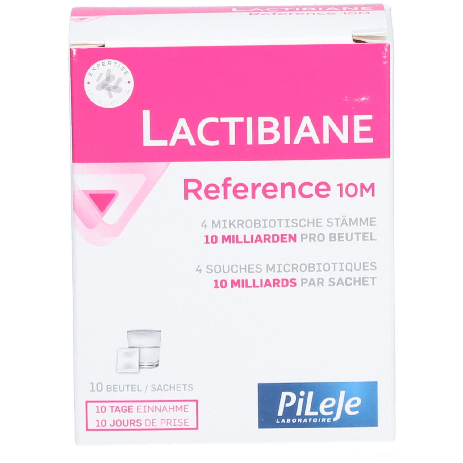 Boîte "LACTIBIANE Reference 10M". 10 sachets. 4 souches microbiotiques, 10 milliards par sachet. Marque Pileje.