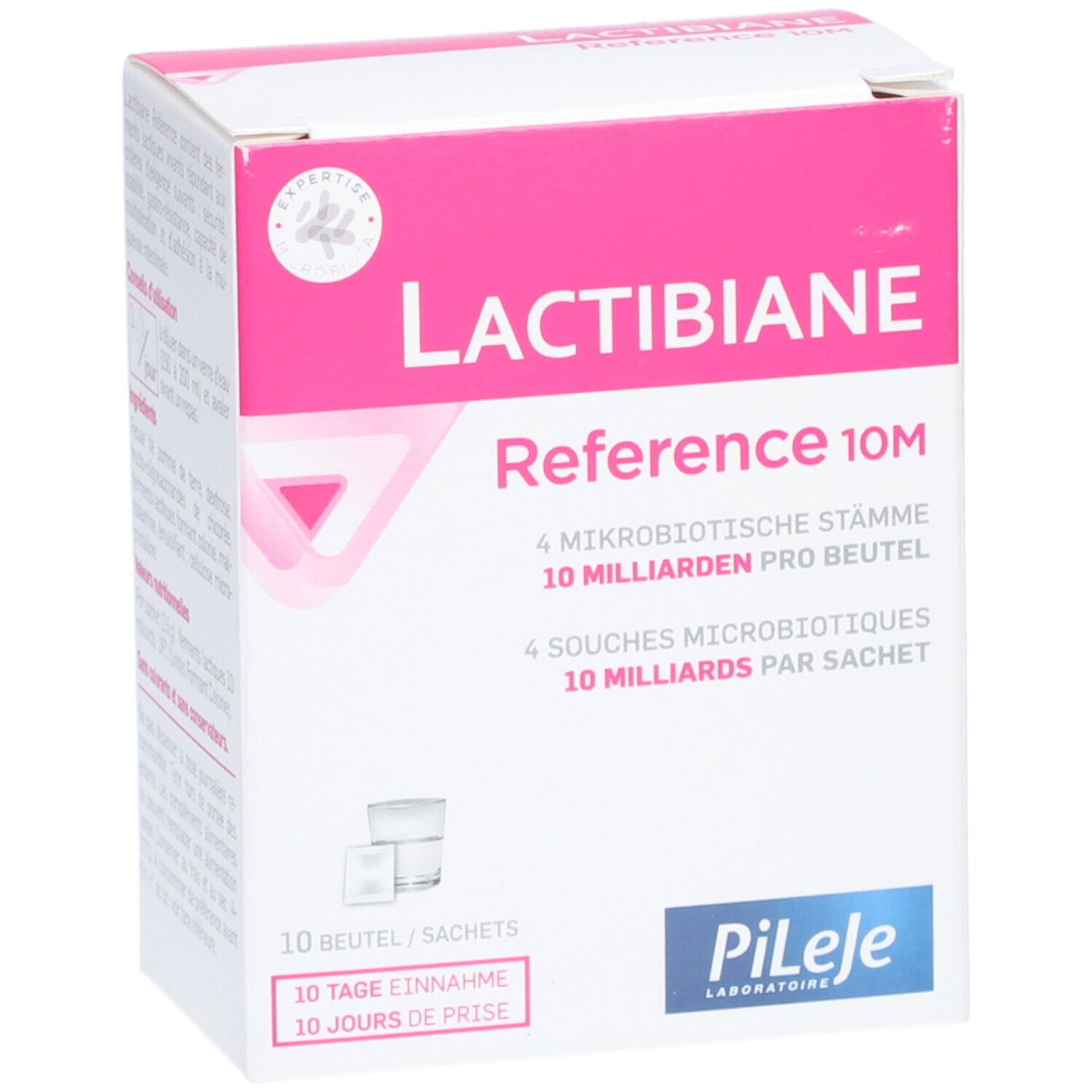 Boîte "LACTIBIANE Reference 10M". 10 sachets. Marque Pileje. Vue en angle.