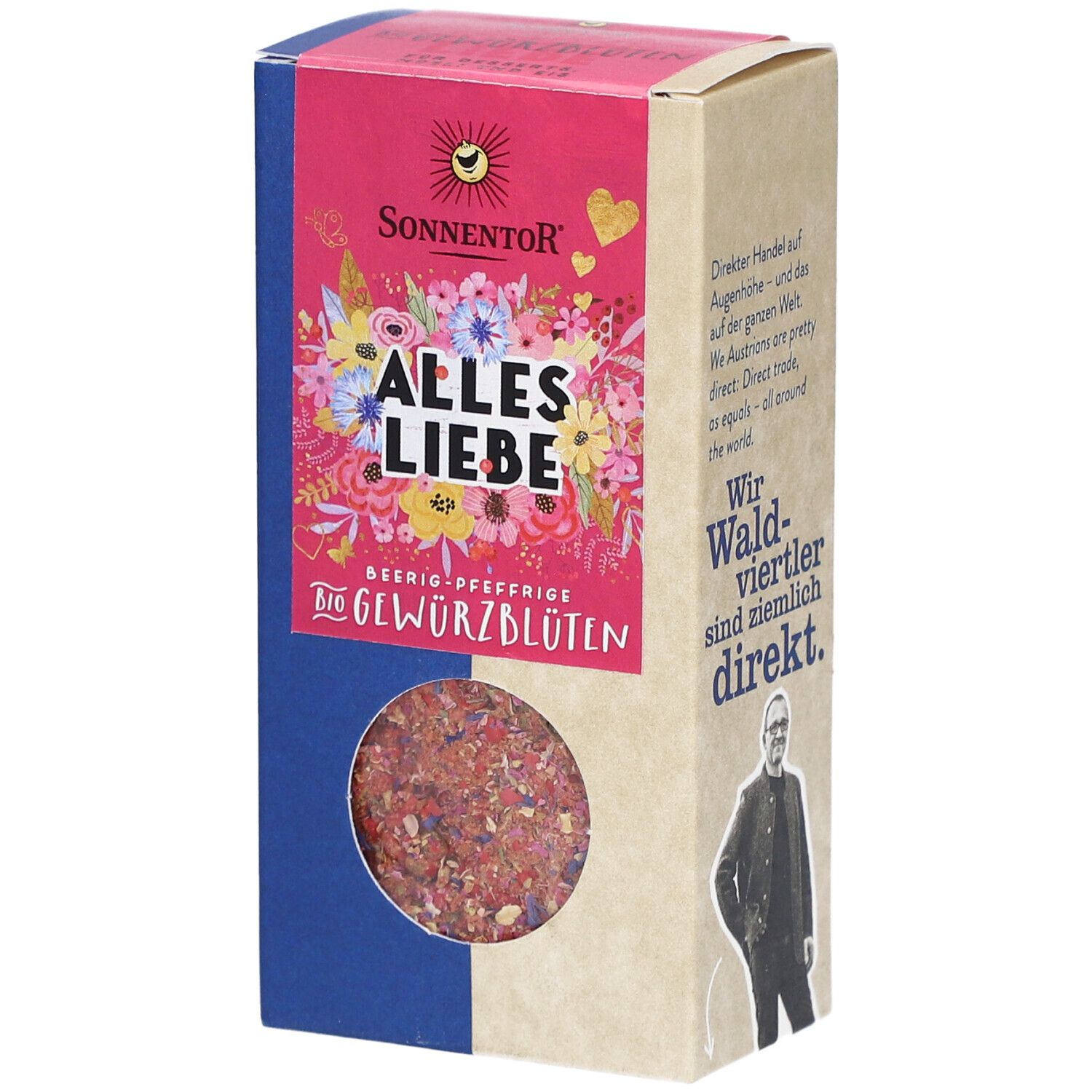 Karton mit Sonnentor Alles Liebe Gewürz-Blüten Mischung. Sichtfenster zeigt Blütenmischung. Pinke und blaue Akzente.