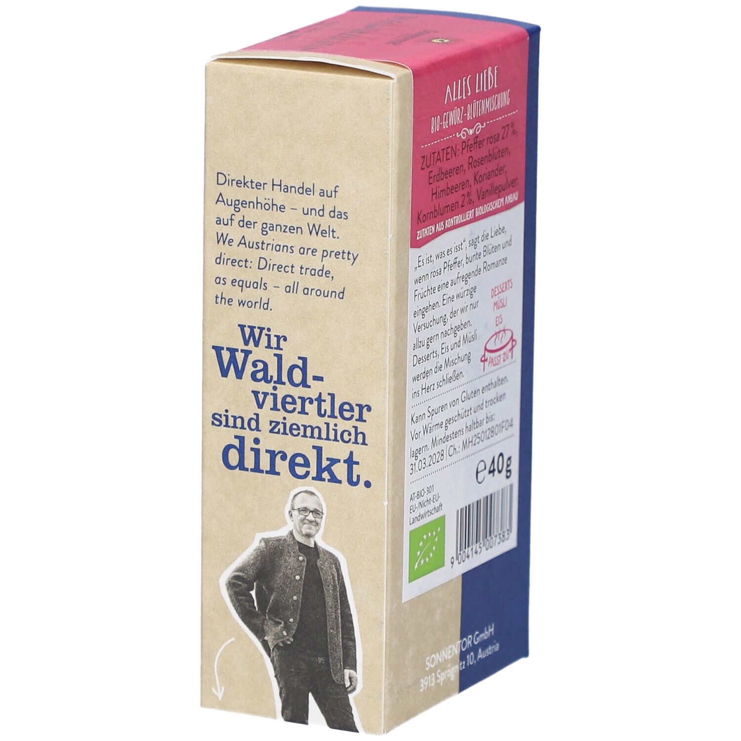 Seite der Sonnentor Alles Liebe Gewürz-Blüten Mischung Packung. Text, Bio-Siegel, 40g Gewicht und Herstelleradresse.