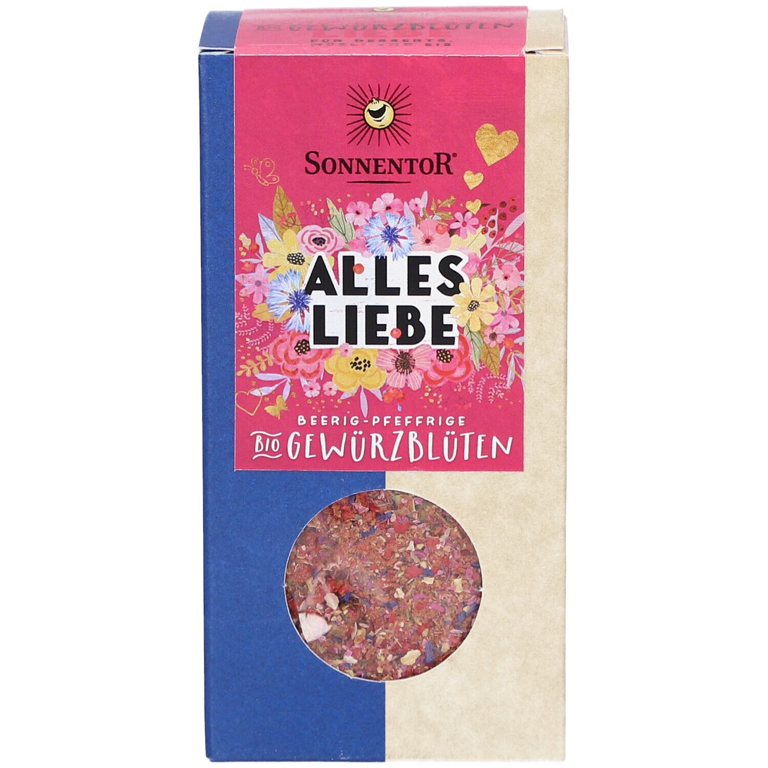 Karton Sonnentor Alles Liebe Gewürz-Blüten Mischung. Sichtfenster zeigt Blütenmischung. Pinke und blaue Akzente.