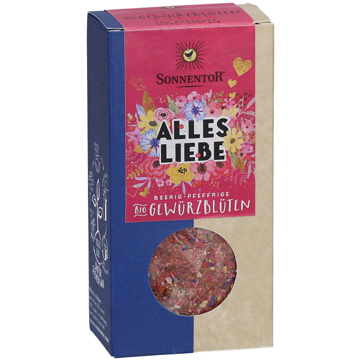 Karton Sonnentor Alles Liebe Gewürz-Blüten Mischung. Sichtfenster zeigt Blütenmischung. Pinke und blaue Akzente.