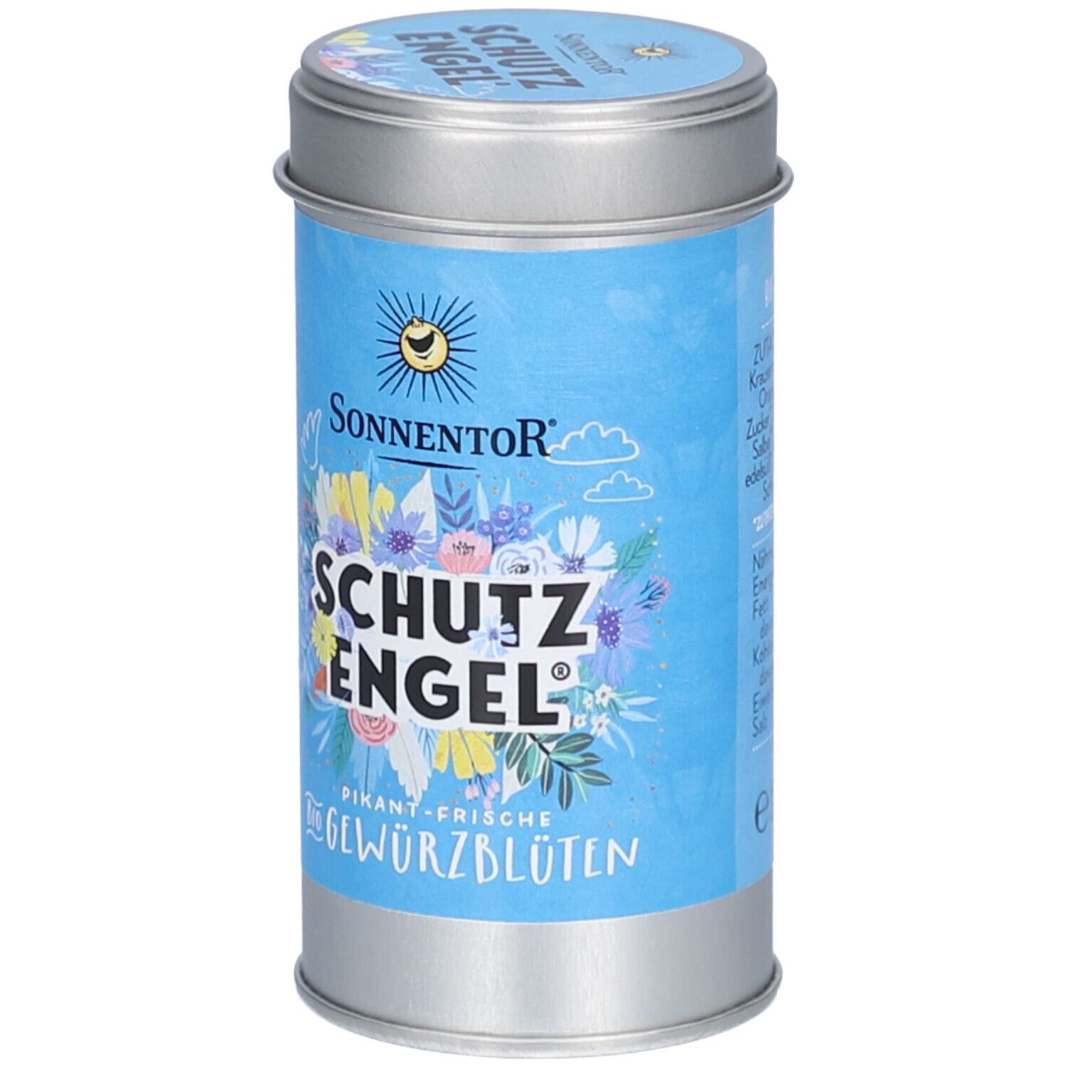 Zylindrische Dose mit blauem Etikett. Aufschrift: SCHUTZ ENGEL, BIO GEWÜRZBLÜTEN. Logo: Sonne. Deckel mit Schriftzug.
