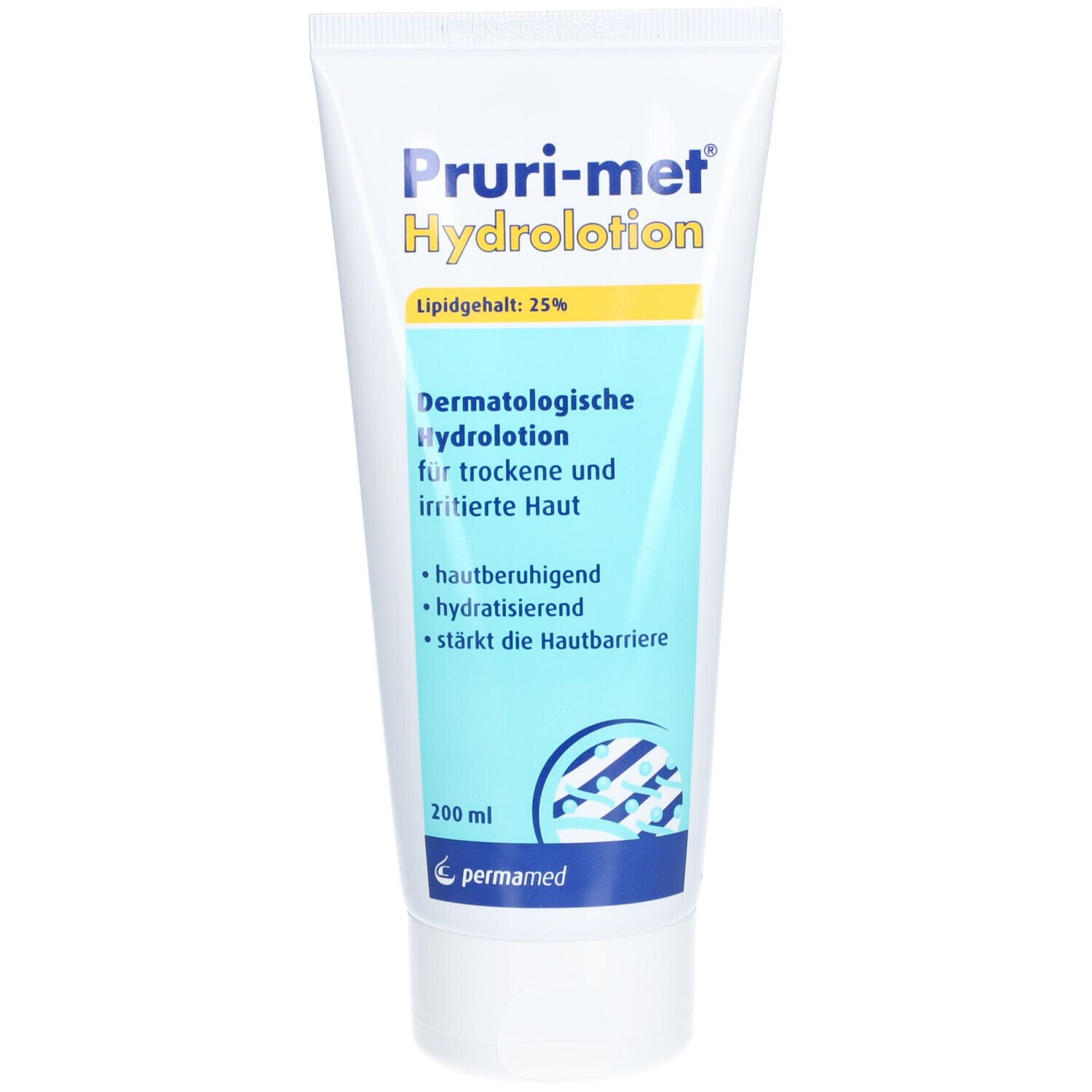 Weiße Tube mit blau-gelber Beschriftung. Produktname: Pruri-met Hydrolotion. Enthält 25% Lipide. 200 ml.