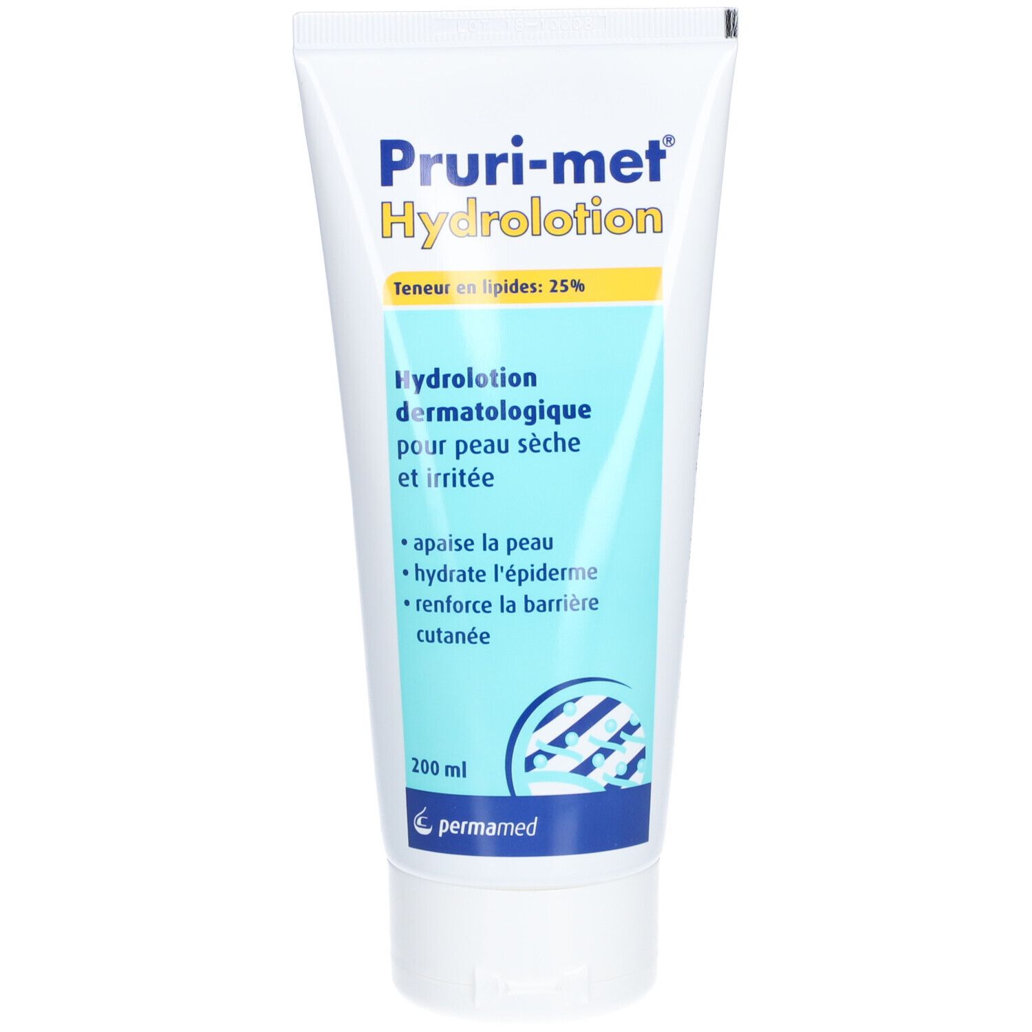 Weiße Tube mit blau-gelber Beschriftung. Produktname: Pruri-met Hydrolotion. Enthält 25% Lipide. 200 ml.