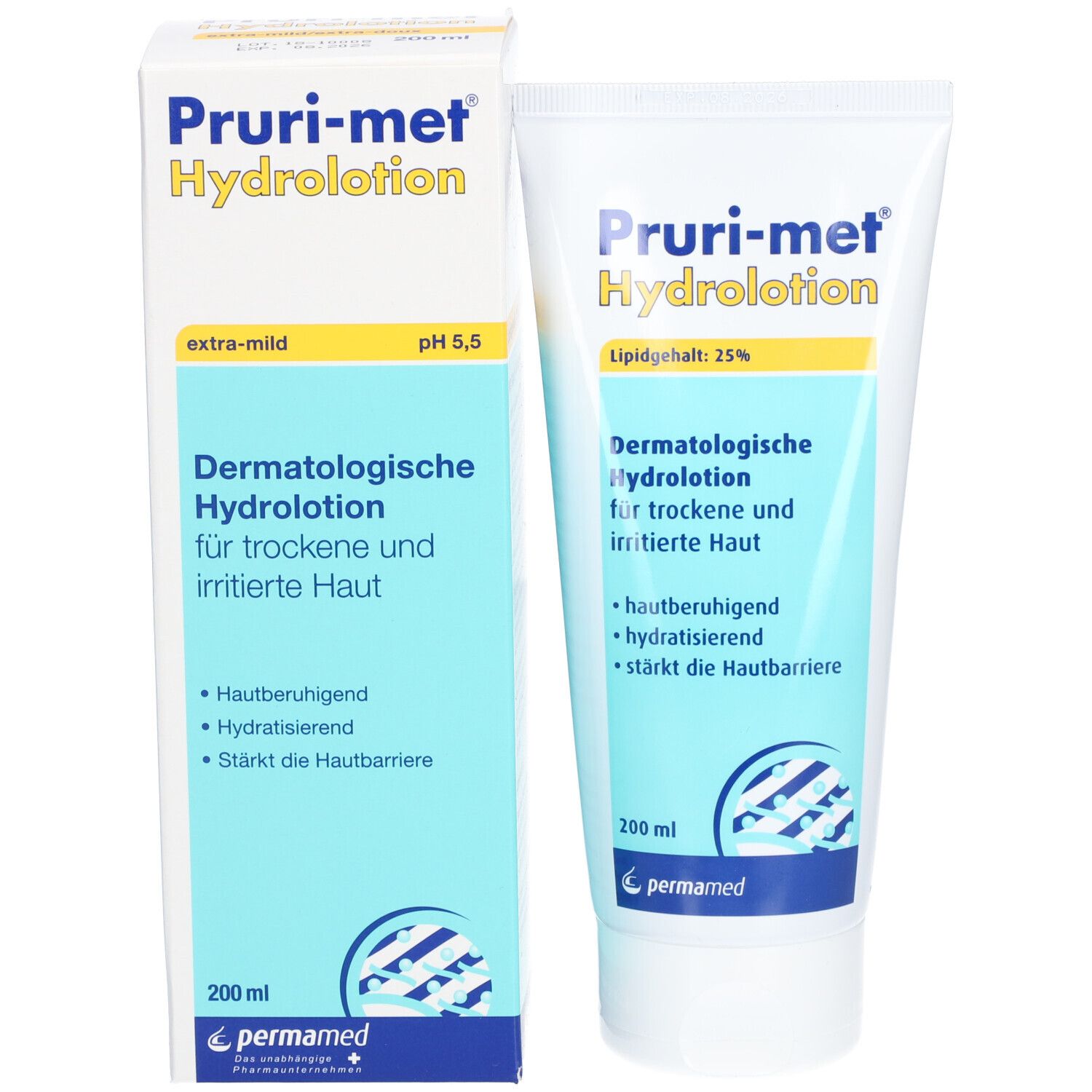 Produktverpackung und Tube. Verpackung: weiß mit blau-gelber Beschriftung. Tube: weiß mit blau-gelber Beschriftung. Produktname: Pruri-met Hydrolotion.