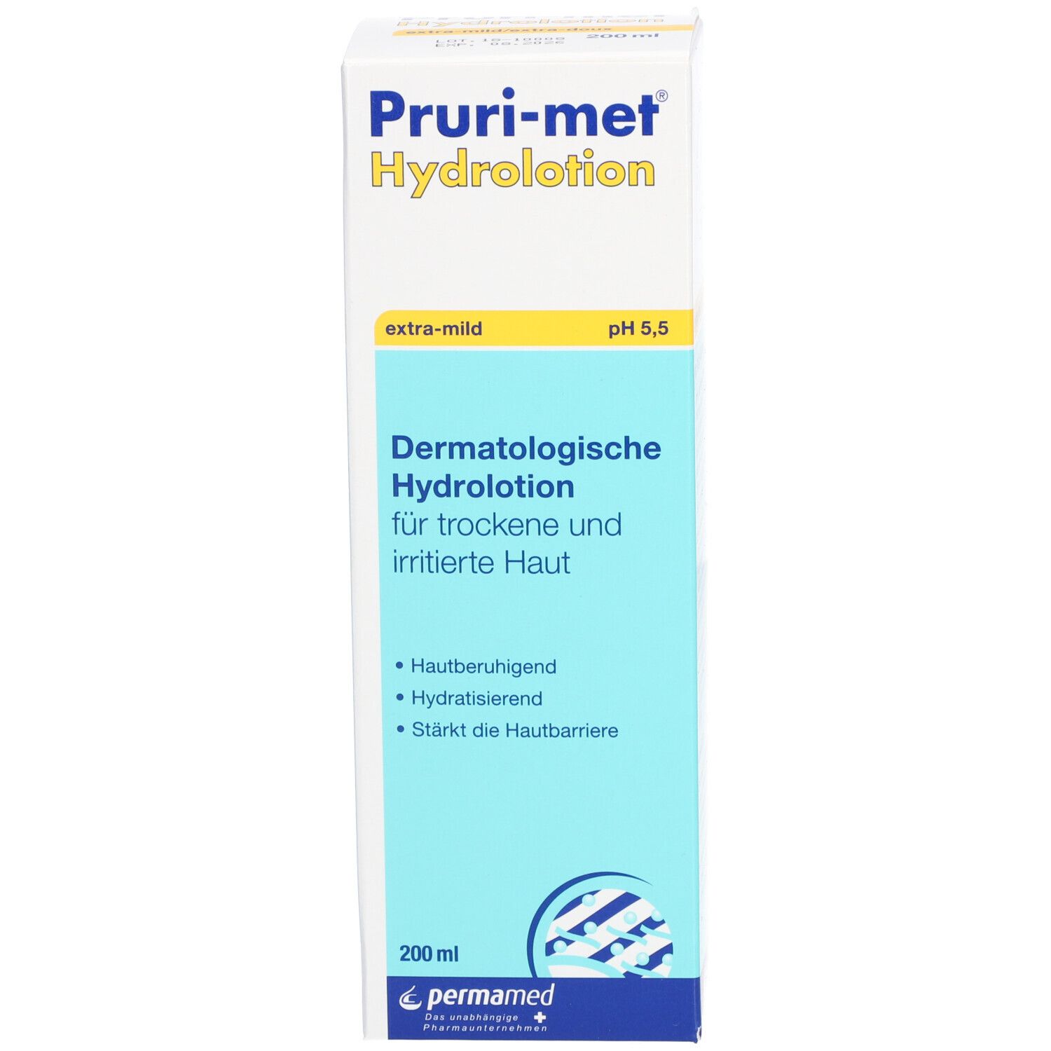 Weiße Produktverpackung mit blau-gelber Beschriftung. Produktname: Pruri-met Hydrolotion. Enthält 200 ml. pH 5,5.