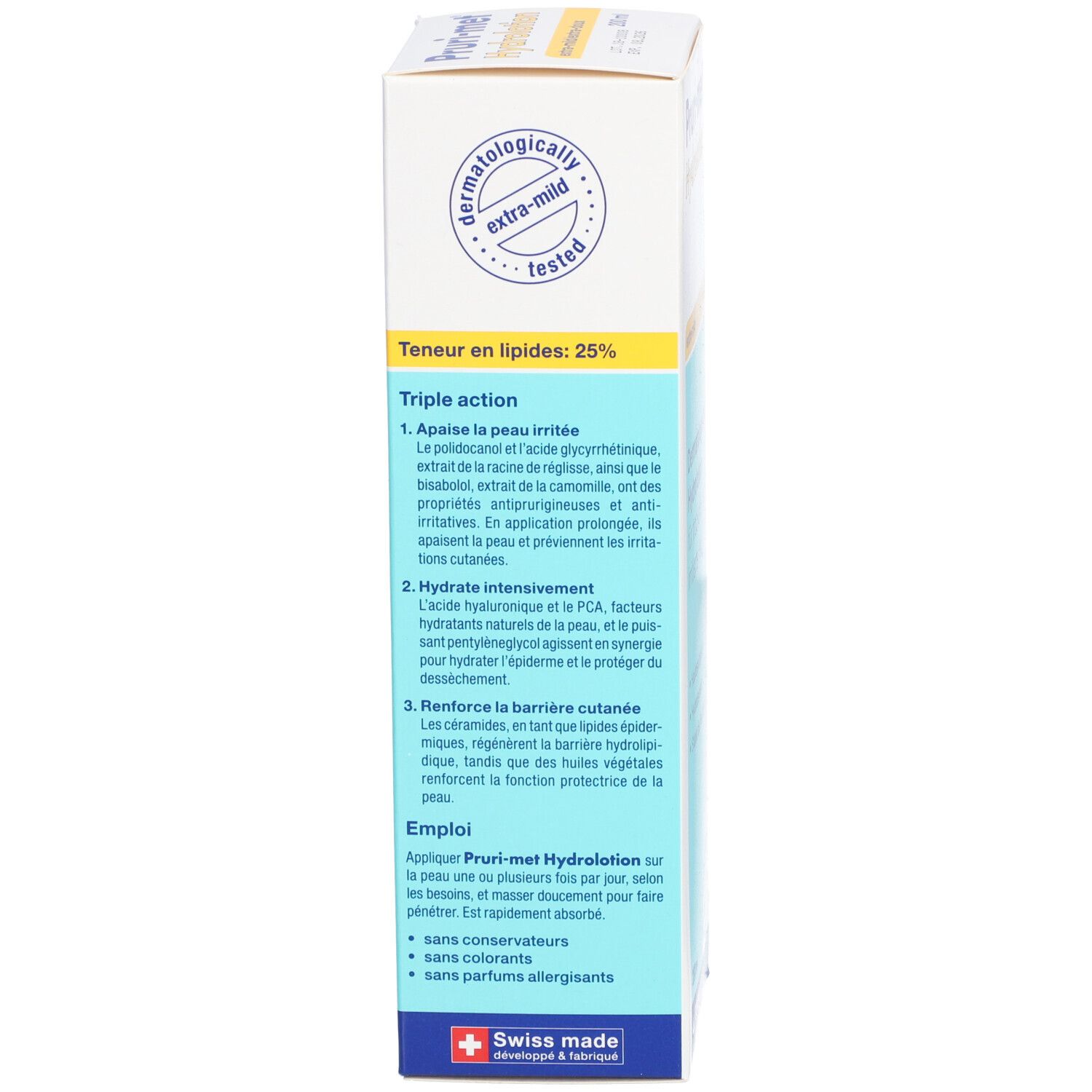 Produktverpackung mit Text. Enthält Informationen zu Inhaltsstoffen und Anwendung. Swiss Made.