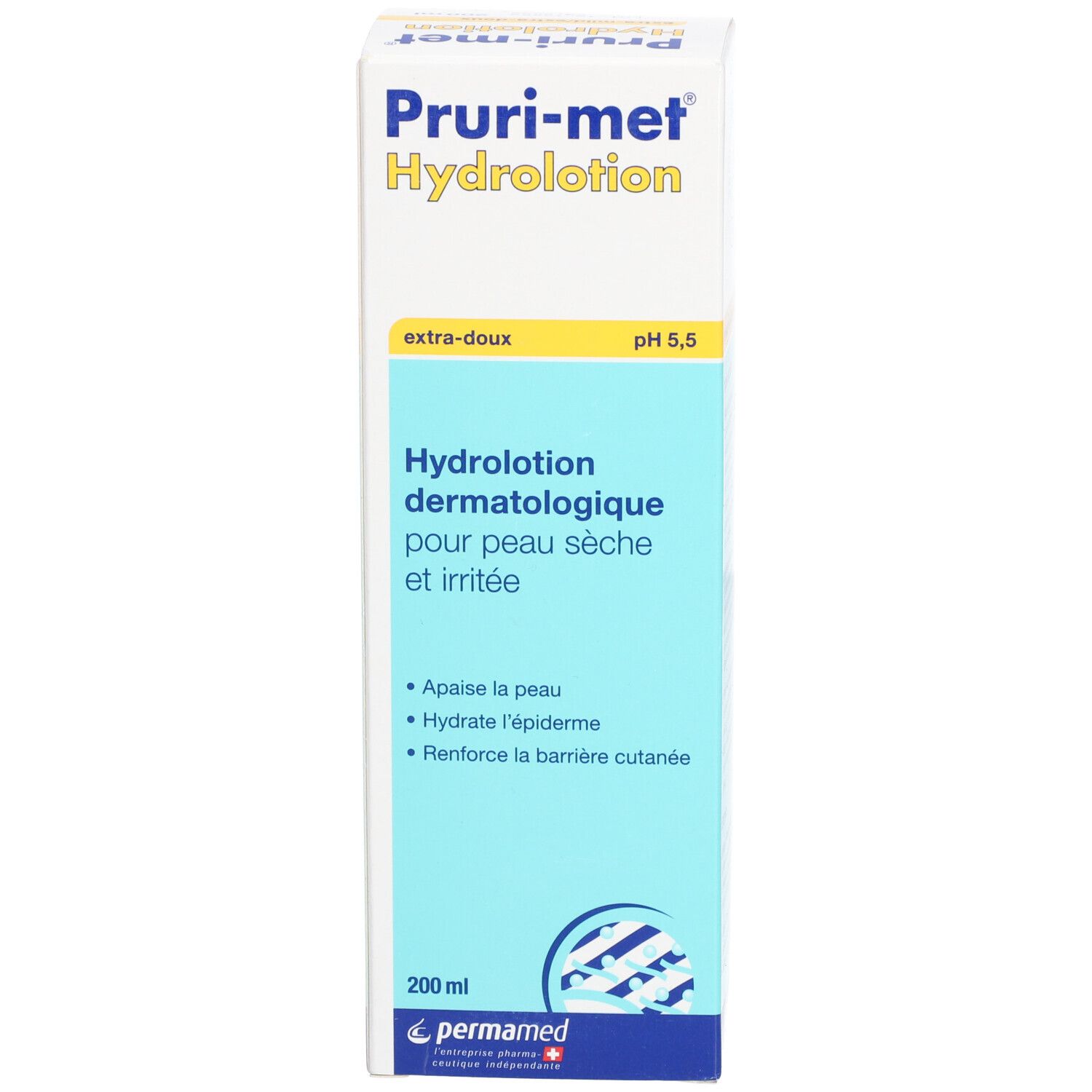 Produktverpackung mit Text. Produktname: Pruri-met Hydrolotion. Enthält 200 ml. pH 5,5. Extra-mild.