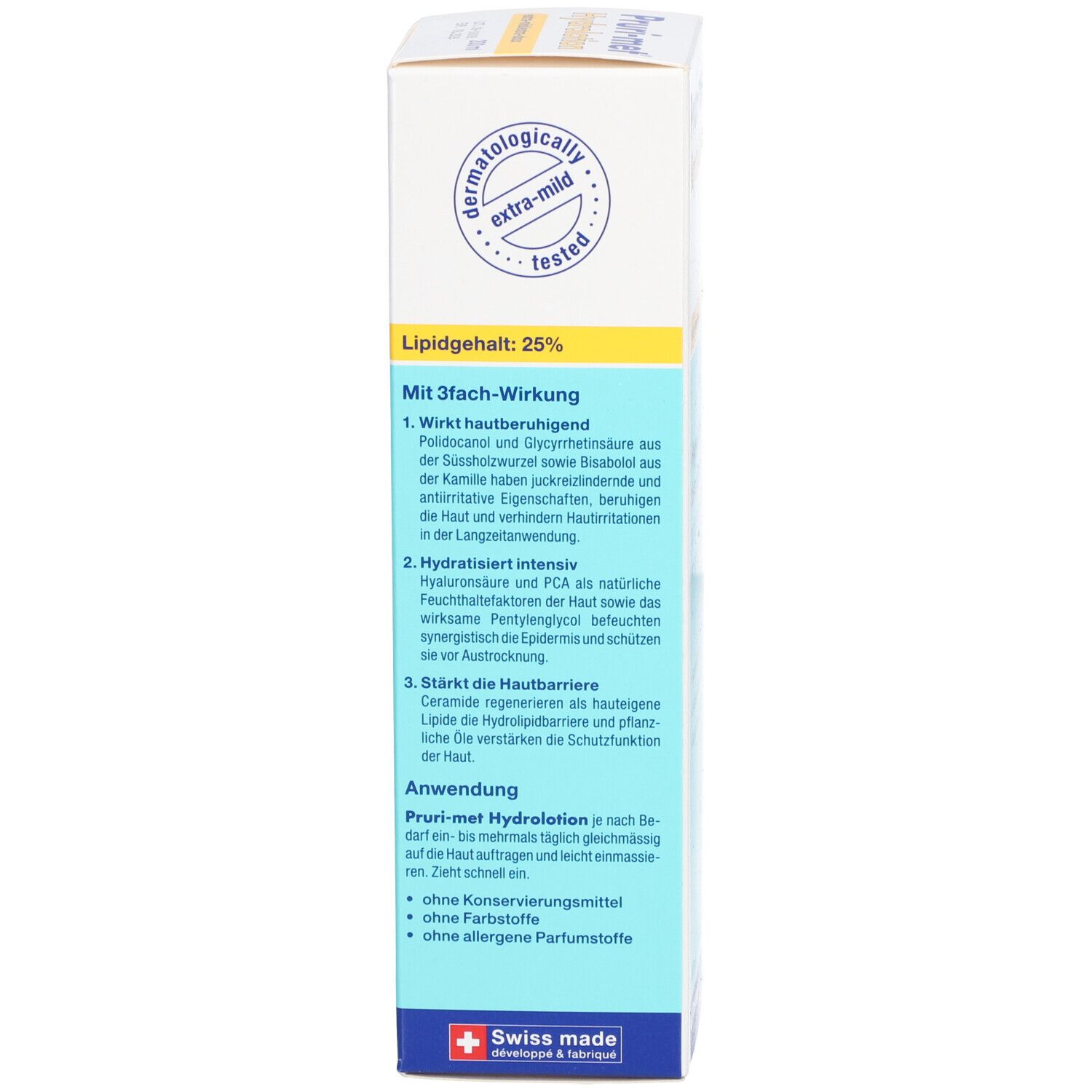 Produktverpackung mit Text. Enthält Informationen zu Inhaltsstoffen und Anwendung. Swiss Made.