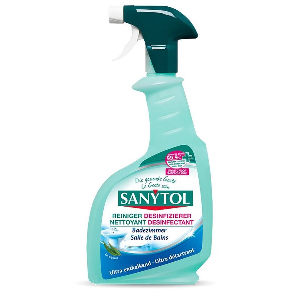 Türkisgrüne Sprühflasche mit weißem Sprühkopf. SANYTOL-Logo und Produktbezeichnung. Text: Reiniger Desinfizierer Badezimmer.