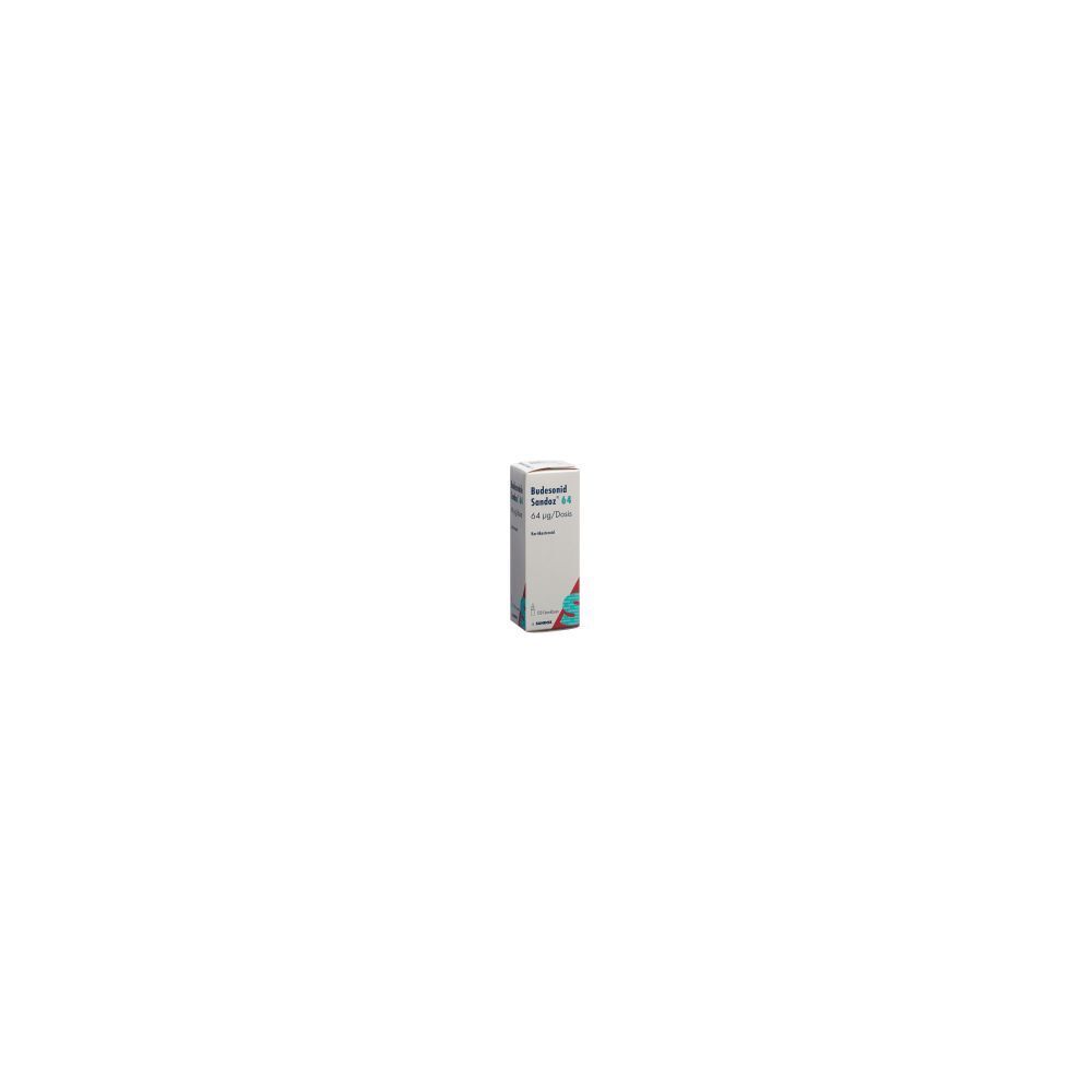 Kartonverpackung für Nasenspray. Aufschrift: Budesonid Sandoz Nasenspray 64 mcg. Farbgebung: Weiß, Türkis, Rot.