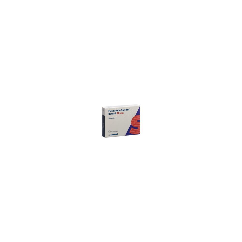 Karton von FLUVASTATIN Sandoz Ret Filmtabl 80 mg. Weißer Karton mit blauen und roten Akzenten. Text: Produktname, Dosierung.