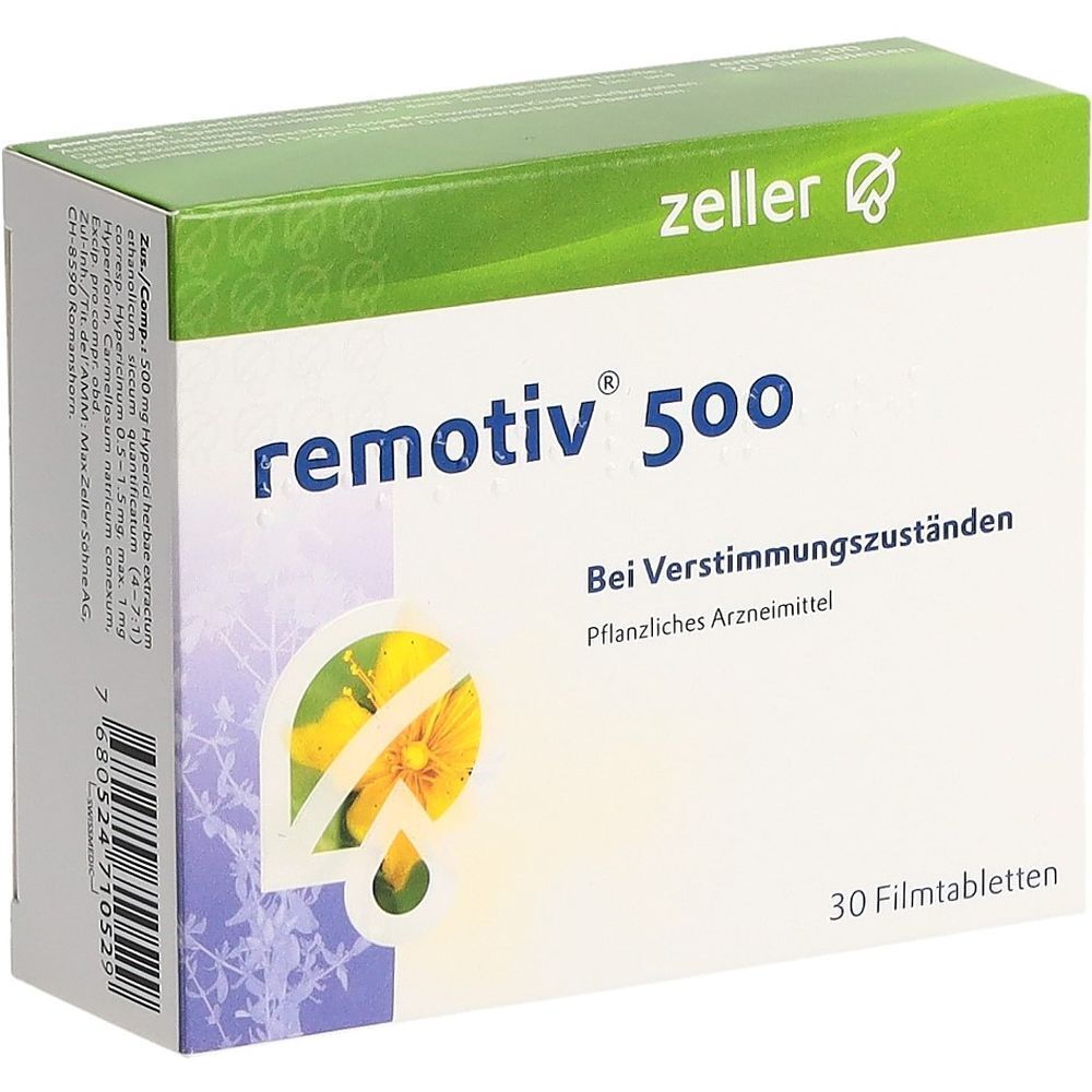Boîte de REMOTIV 500, 30 comprimés pelliculés. Inscription : "Bei Verstimmungszuständen". Marque : zeller.