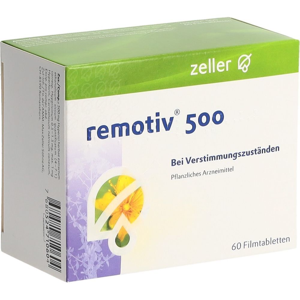 Verpackung von REMOTIV 500. Aufschrift: Bei Verstimmungszuständen. 60 Filmtabletten. Zeller-Logo.
